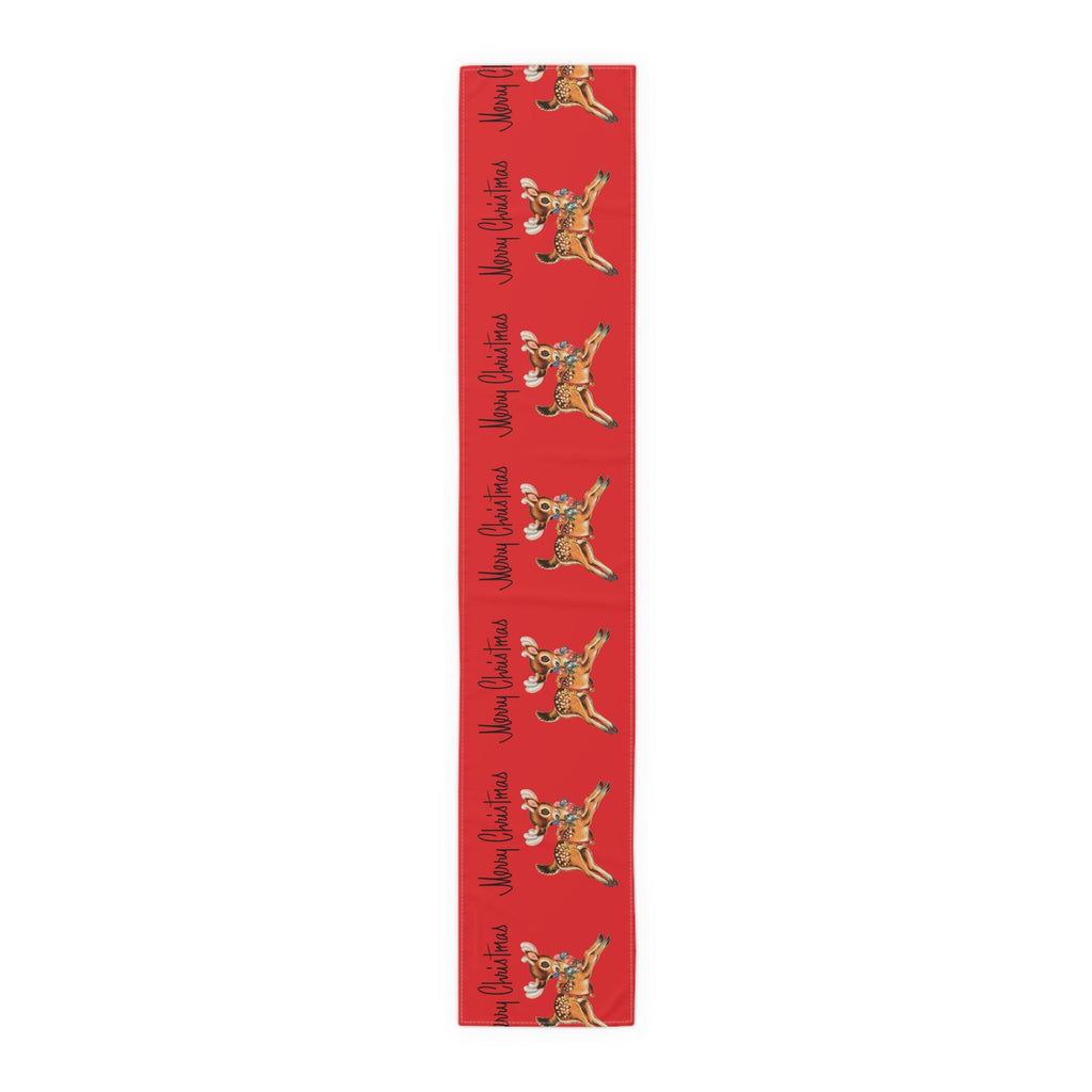 Merry Christmas Reindeer Mid Century Red Retro Christmas Print Home Decor Cotton Poly Table Runner