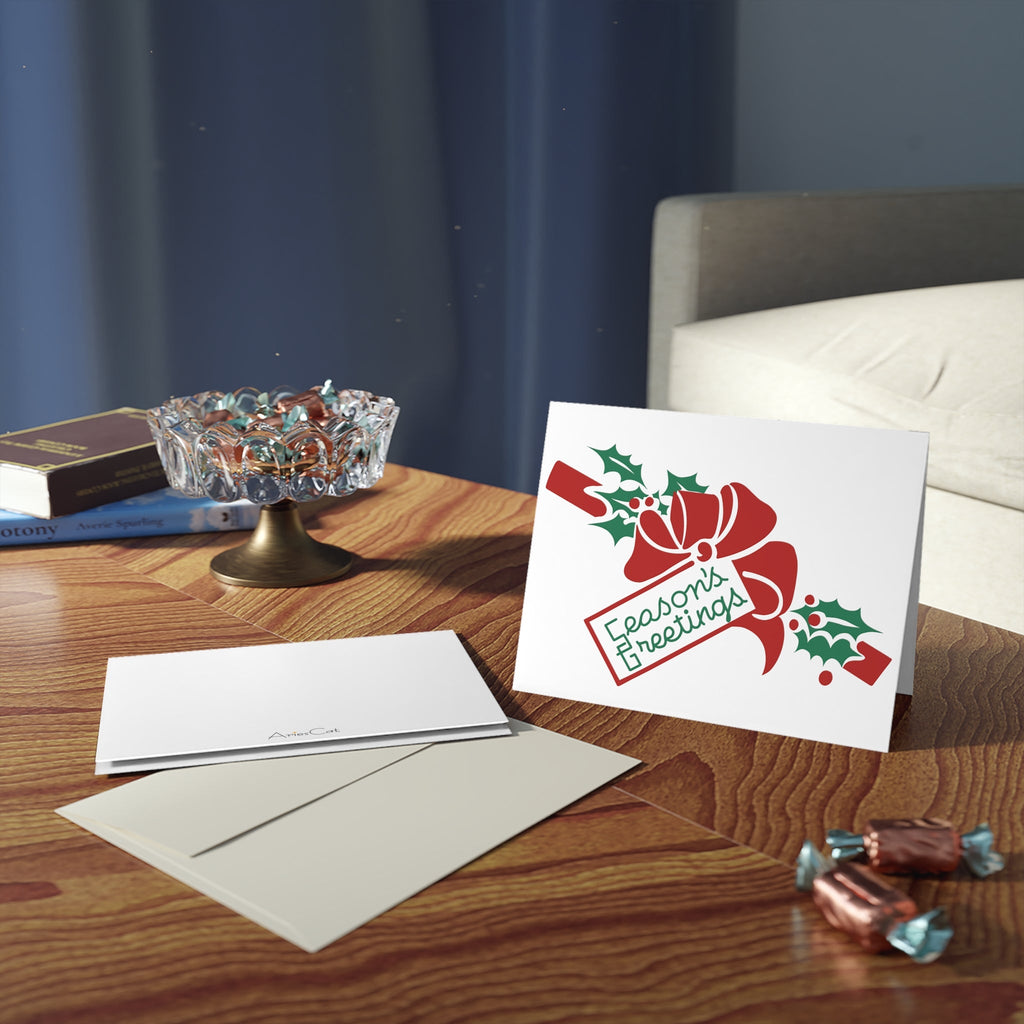 Season's Greetings Bow Holly Retro Christmas Print Matte Greeting Cards (8, 16, and 24 pcs)