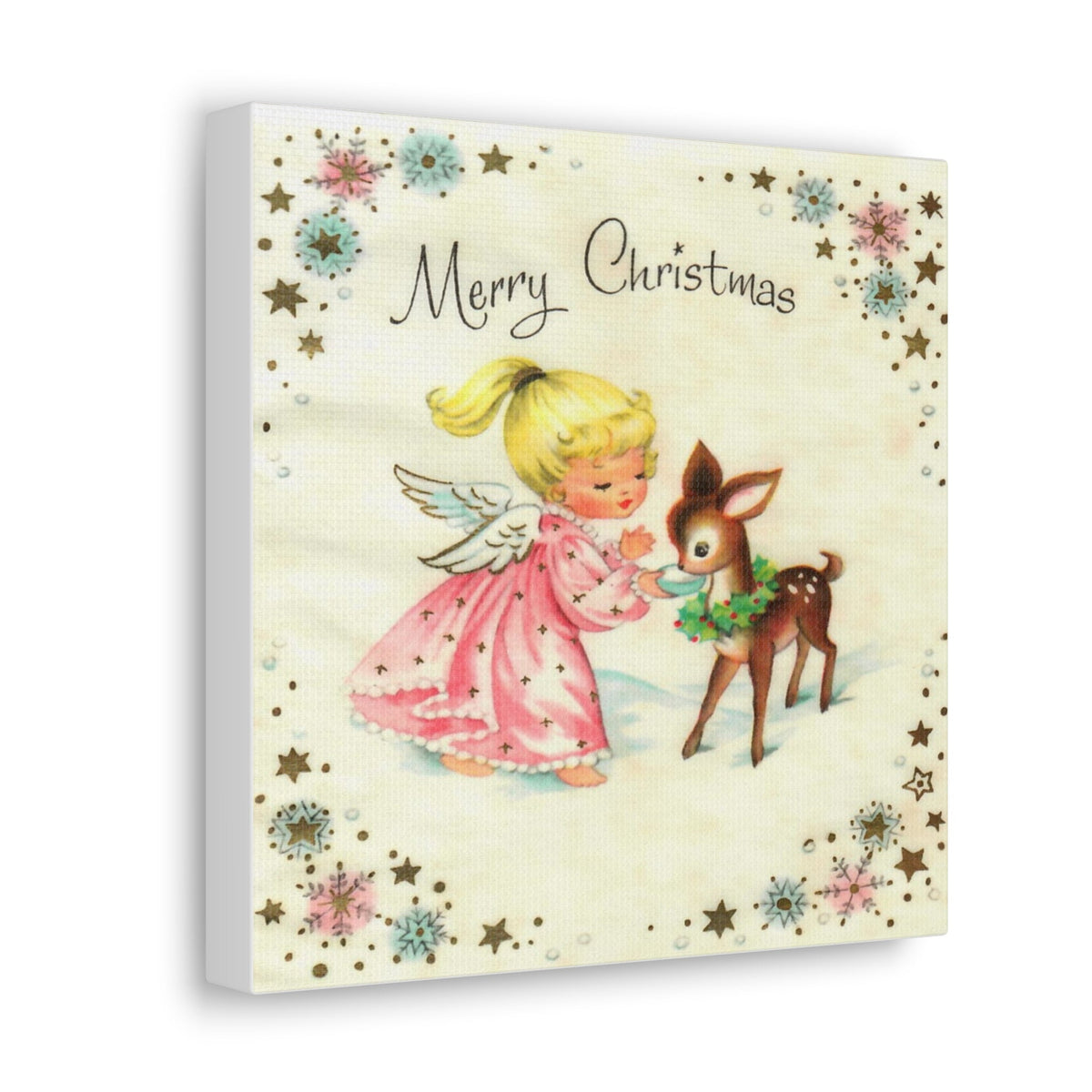 Merry Christmas Angel And Reindeer Retro Christmas Canvas Gallery Wrap