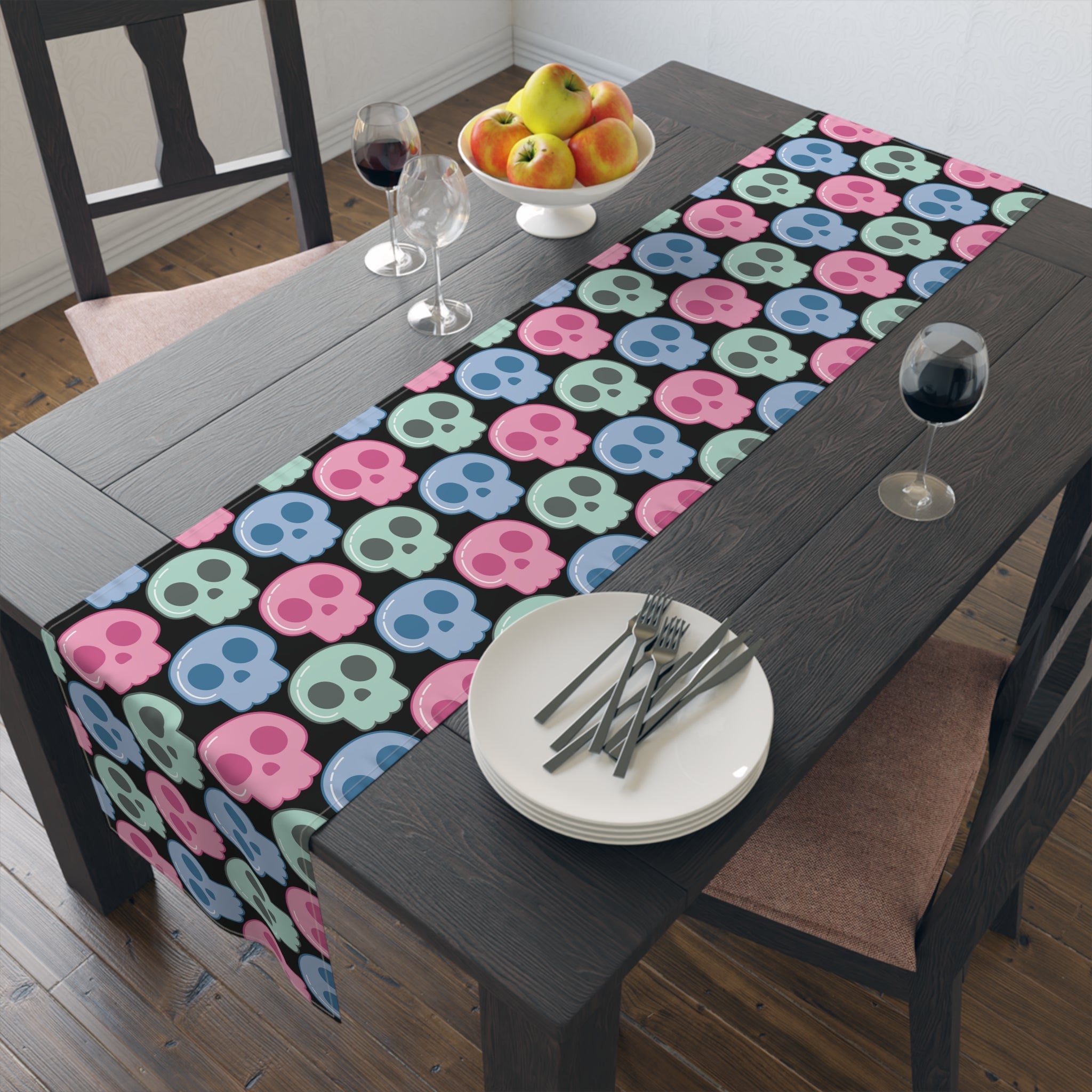 Pastel Goth Skulls Cute Halloween Black Decor Cotton Poly Table Runner