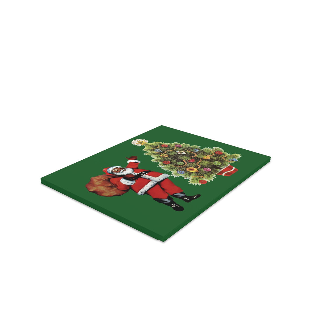 Santa With Christmas Tree Mid Century Retro Christmas Print Matte Greeting Cards (8, 16, and 24 pcs)