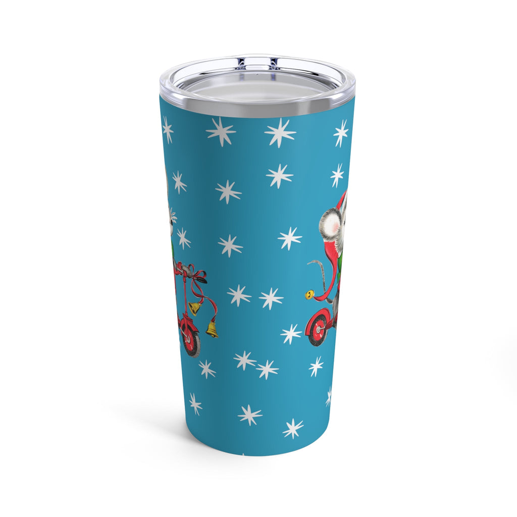 Christmas Mouse On Scooter Stars Bluee Mid Century Retro Christmas Print Stainless Steel Tumbler 20oz