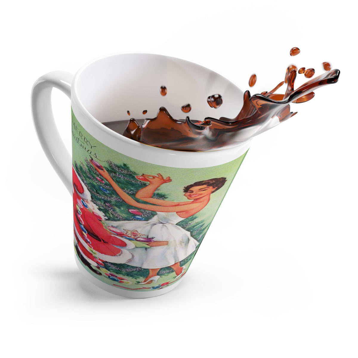 Merry Christmas Santa Tree Lady Mid Century Retro Christmas Print Latte Coffee Mug