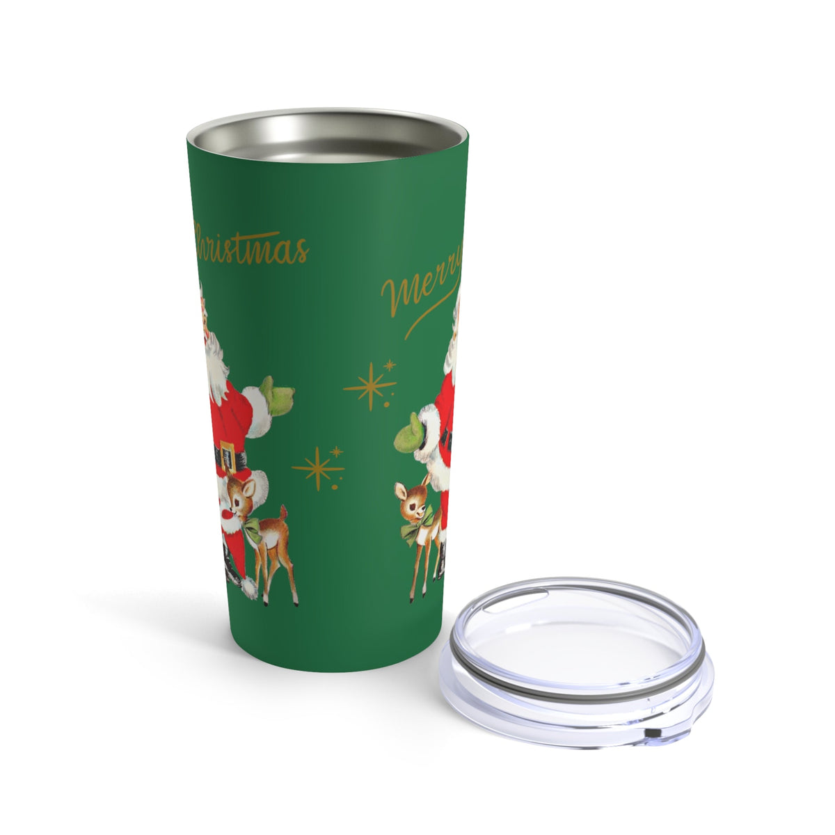 Merry Christmas Santa Reindeer Gold Stars Mid Century Retro Christmas Print Stainless Steel Tumbler 20oz