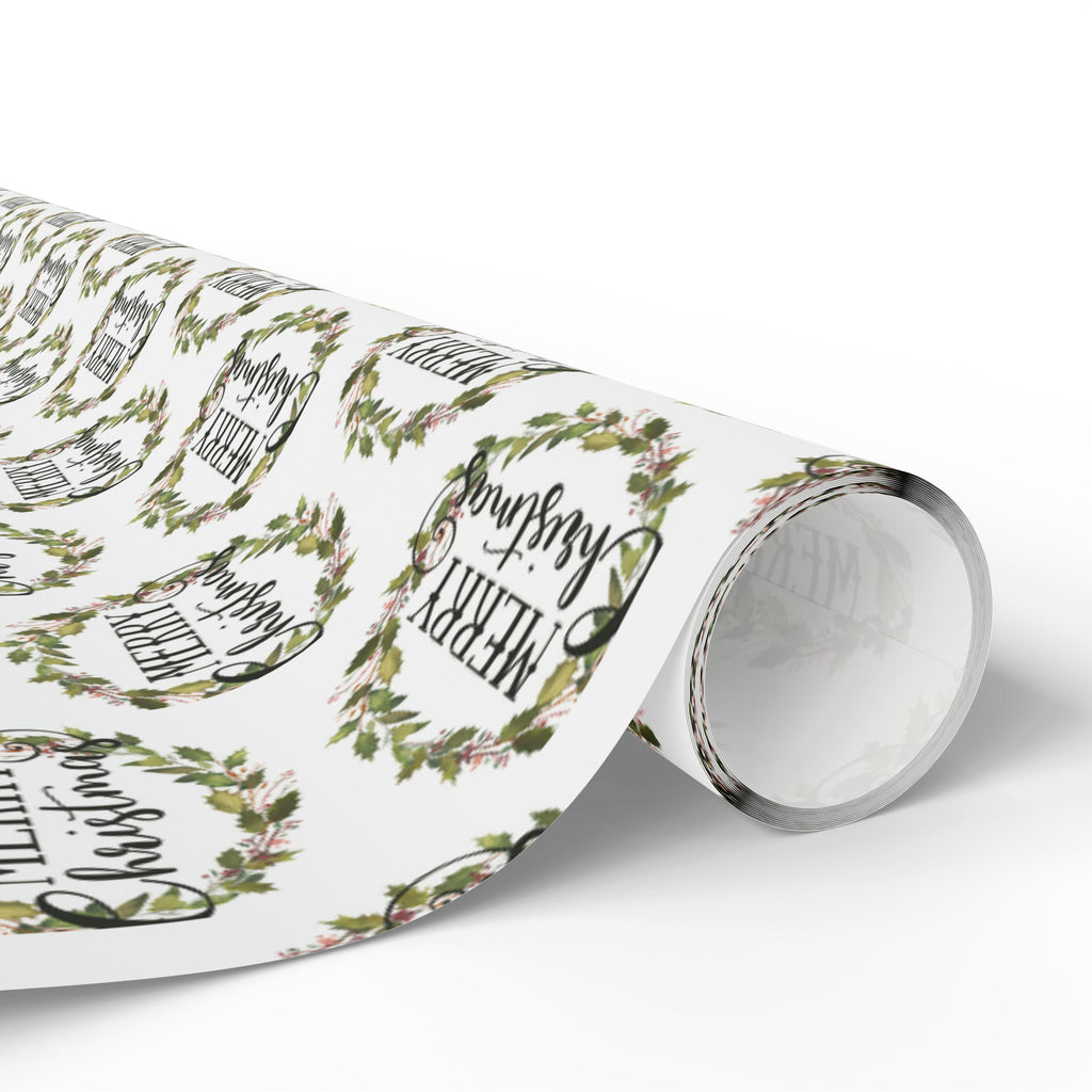 Merry Christmas Wreath Retro Style Christmas Print Holiday Gift Wrap Paper - Glossy Or Matte