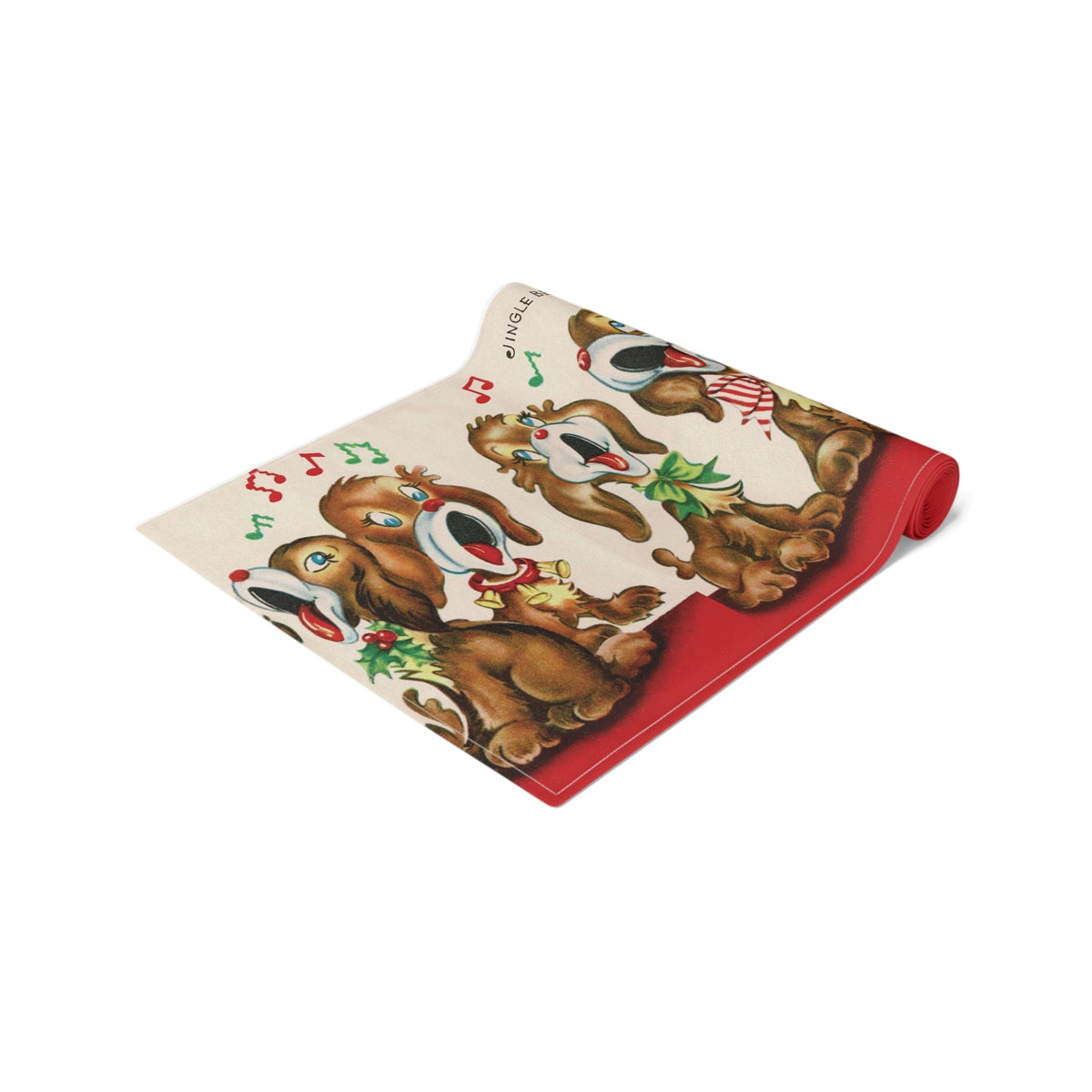 Jingle Bells Christmas Puppies Retro Christmas Print Home Decor Cotton Poly Table Runner