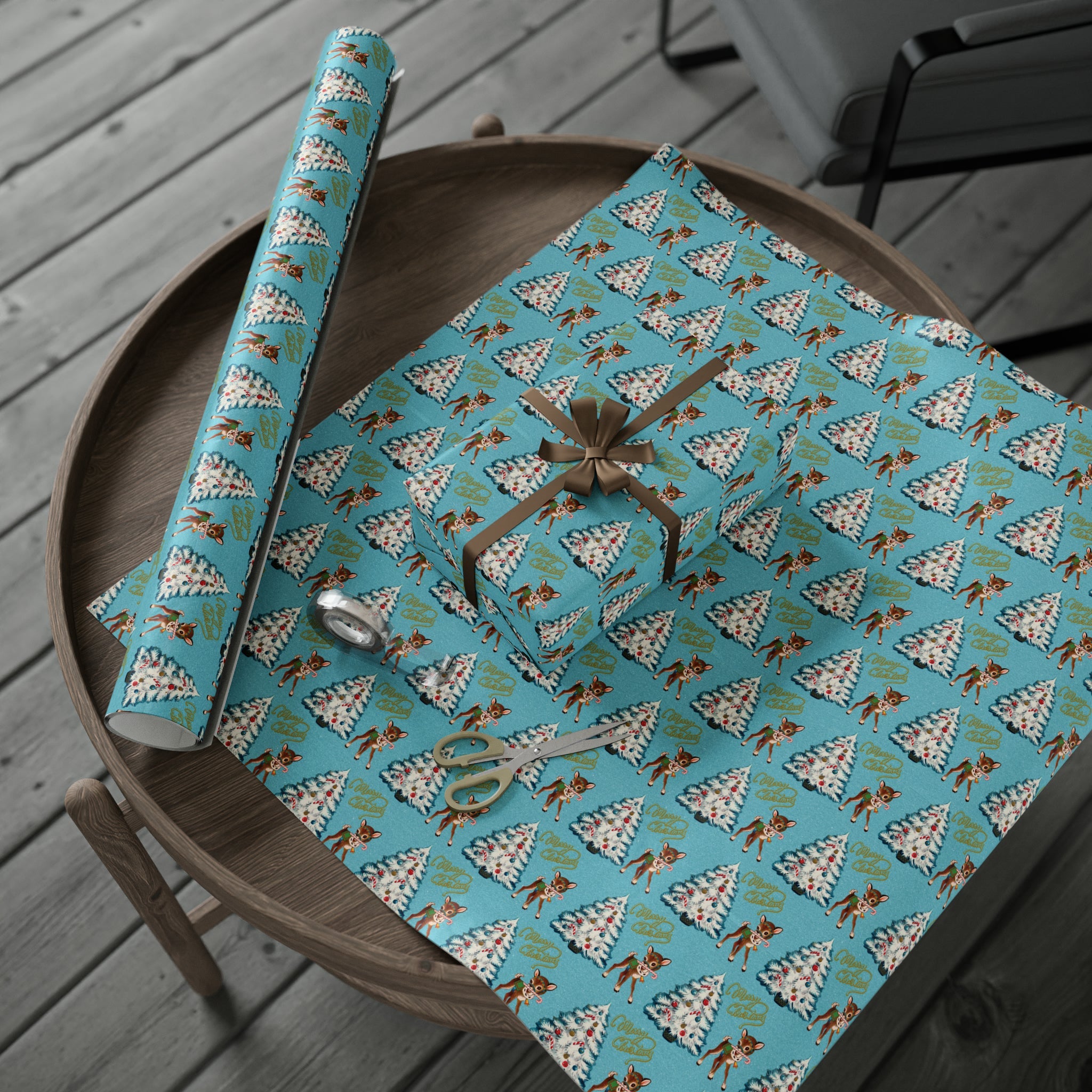 Merry Christmas Reindeer With Candy Cane Tree Blue Mid Century Retro Christmas Print Holiday Gift Wrap Paper - Glossy Or Matte