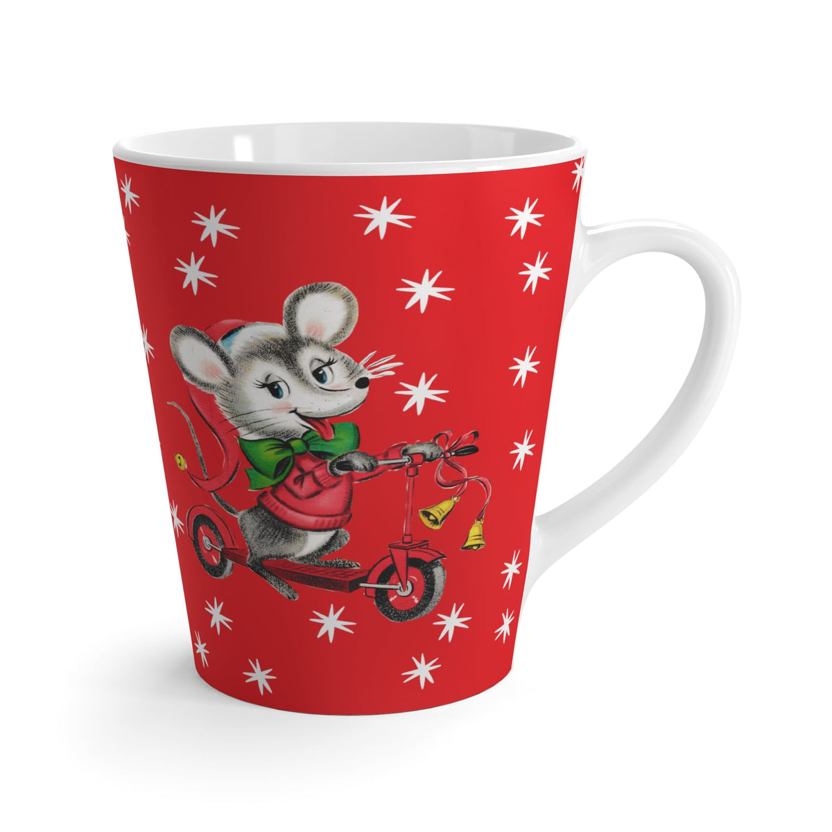 Christmas Mouse On Scooter Stars Red Mid Century Retro Christmas Print Latte Coffee Mug