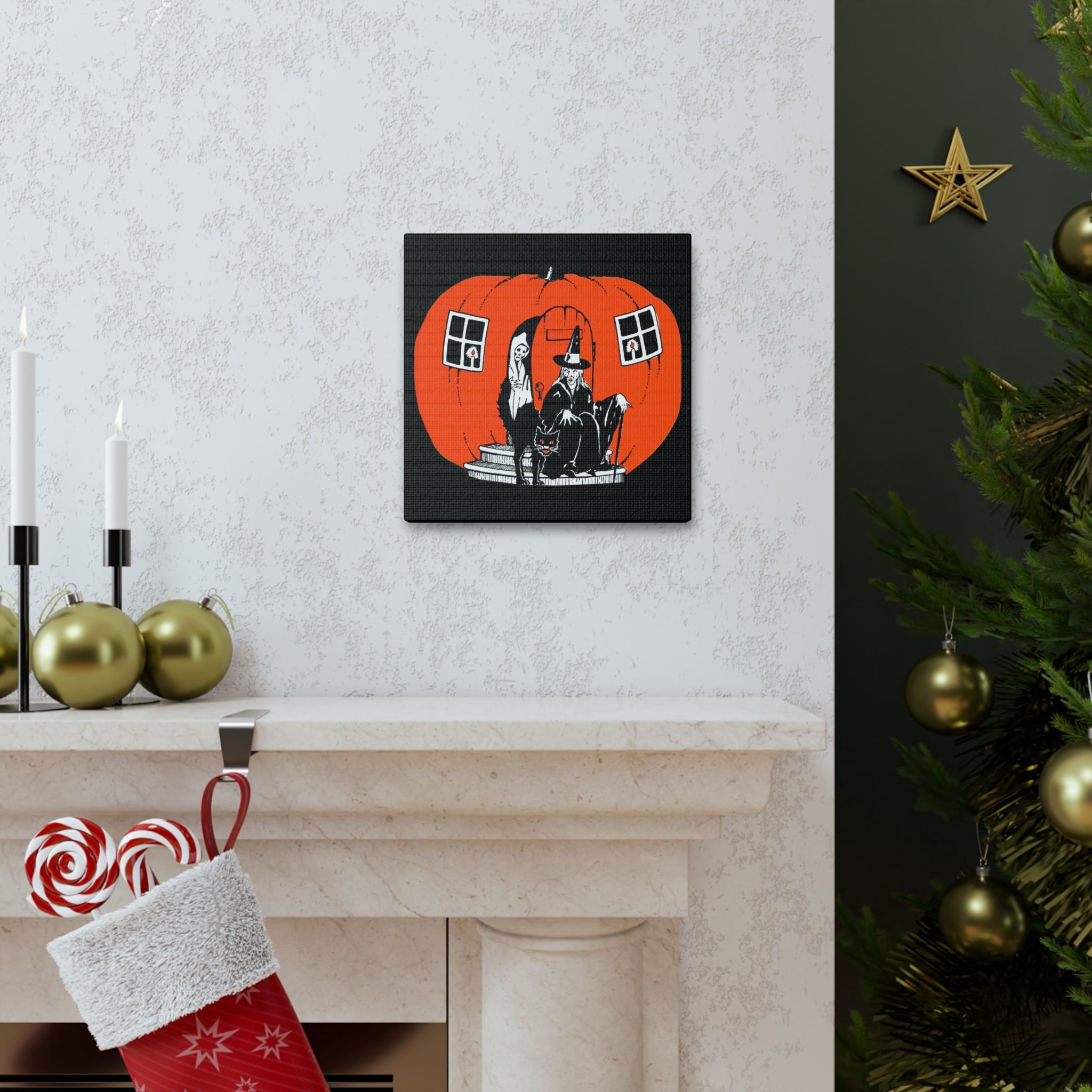 Pumpkin House Witch Black Cat Retro Halloween Decor Print Canvas Gallery Wrap