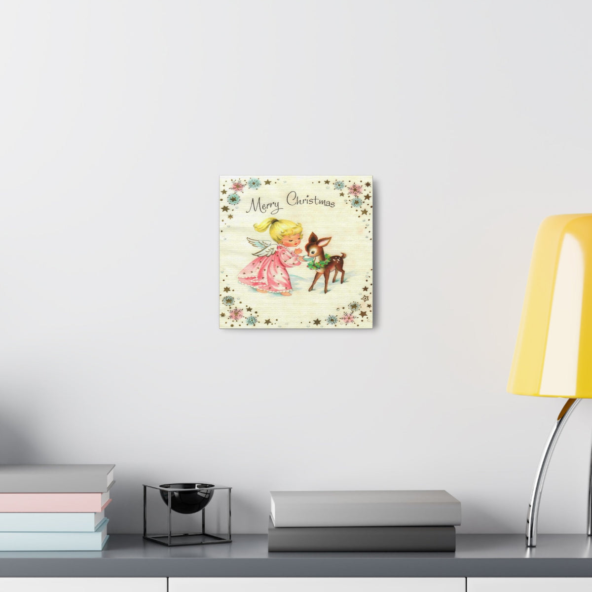 Merry Christmas Angel And Reindeer Retro Christmas Canvas Gallery Wrap
