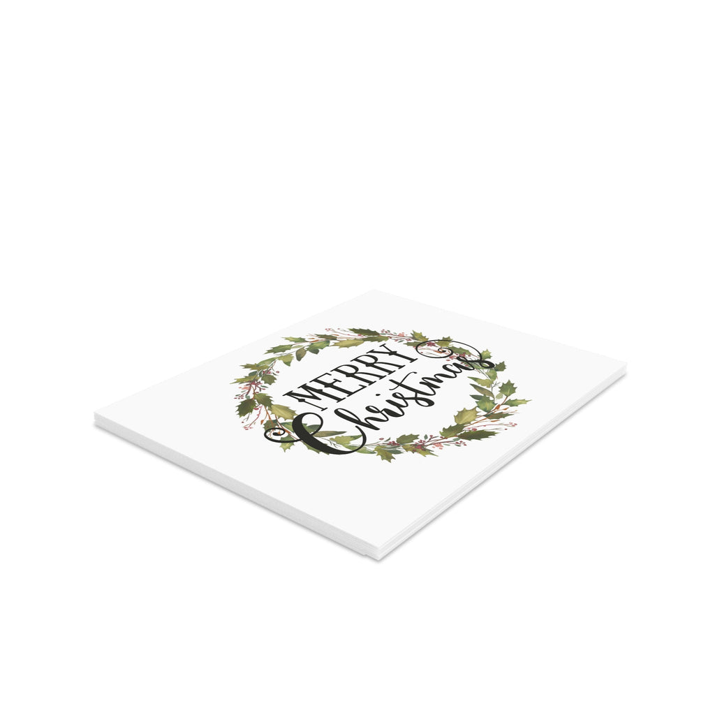 Merry Christmas Wreath Retro Style Christmas Print Matte Greeting Cards (8, 16, and 24 pcs)