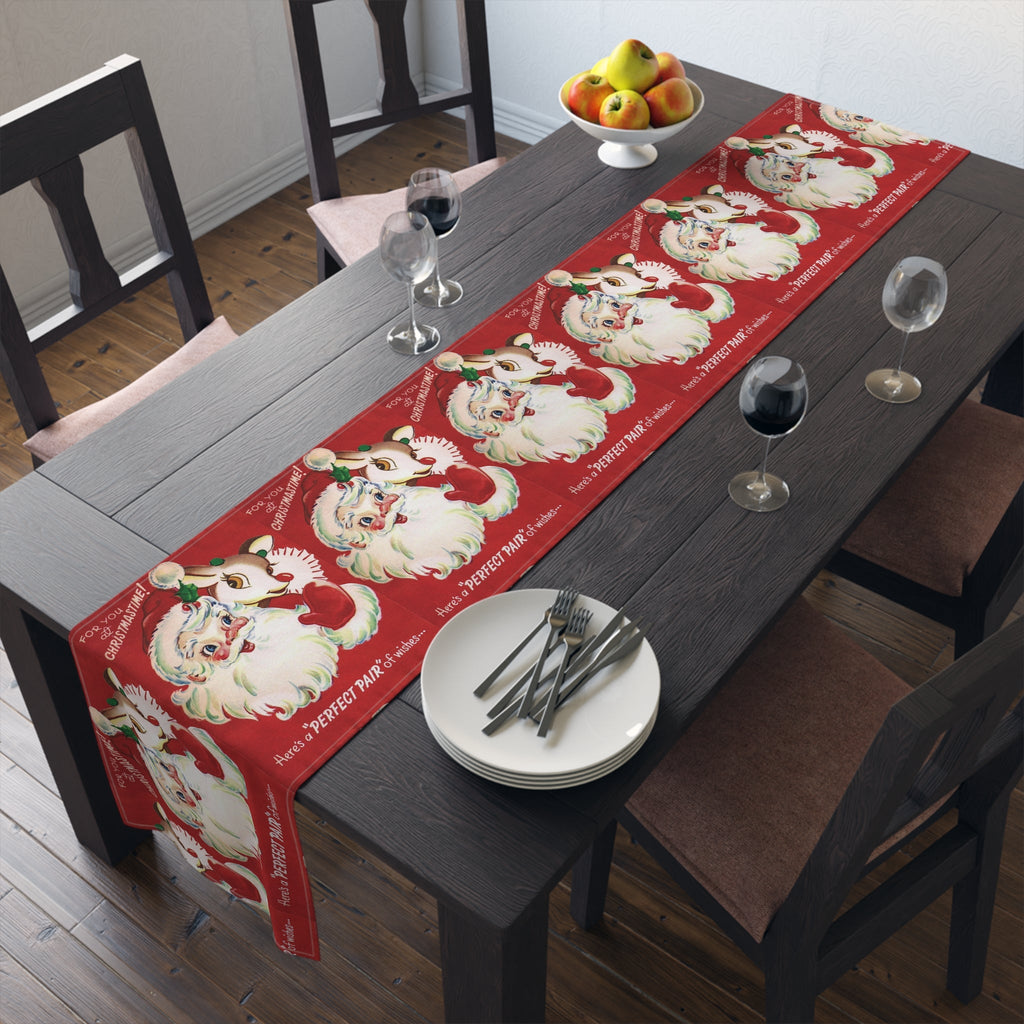 For You At Christmastime Santa And Rudolph Red Retro Christmas Print Home Decor Cotton Poly Table Runner