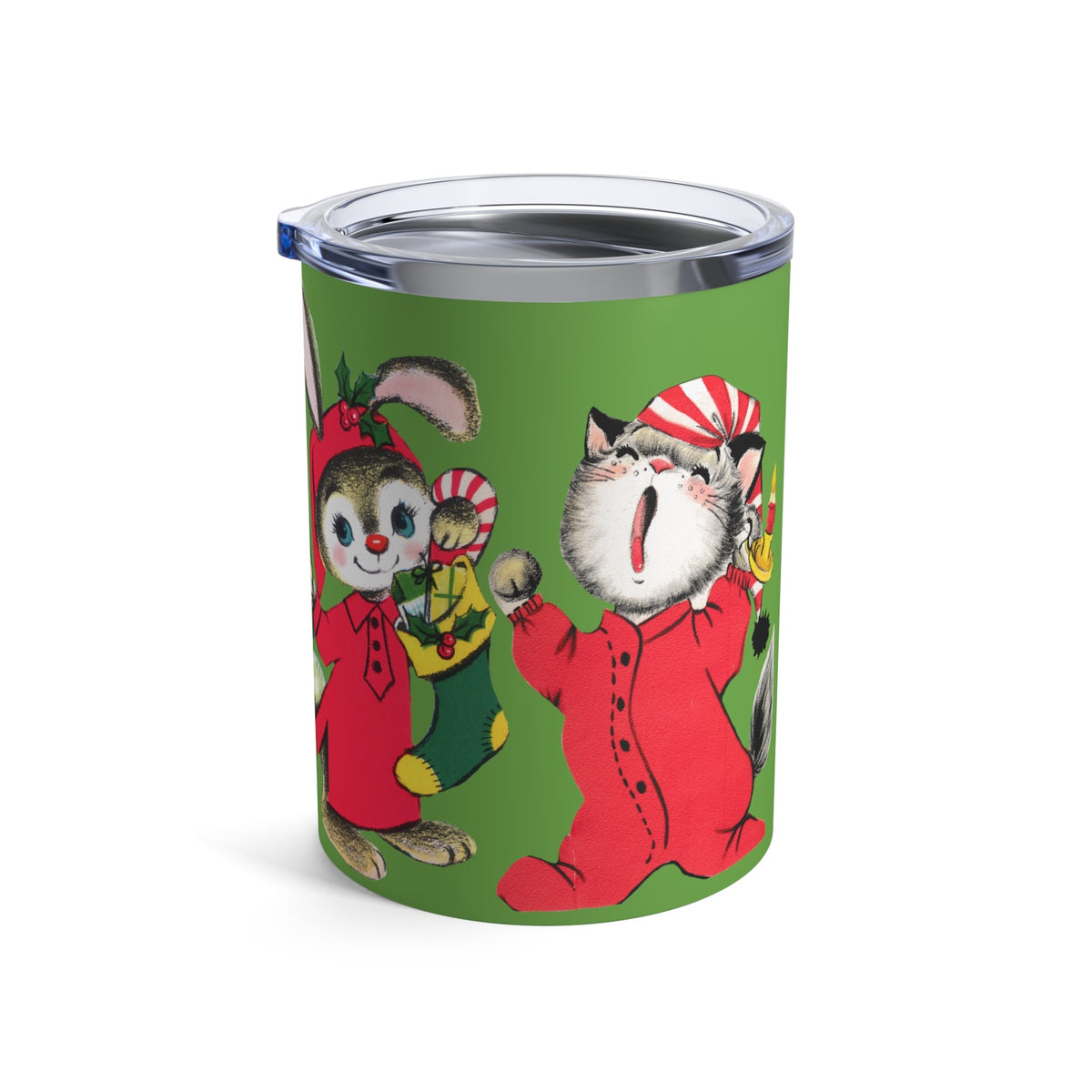 Christmas Bunny Sleepy Kitten Waiting For Santa Vintage Retro Christmas Print Stainless Steel Tumbler 10oz