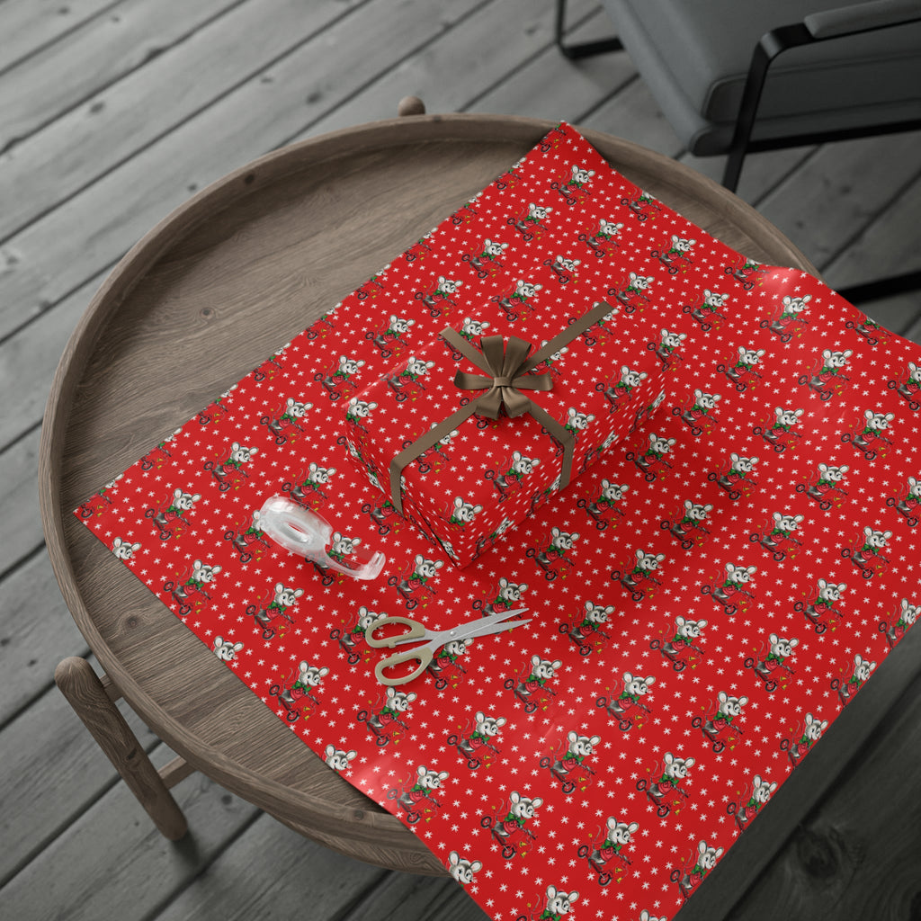 Christmas Mouse On Scooter Stars Red Mid Century Retro Christmas Print Holiday Gift Wrap Paper - Glossy Or Matte