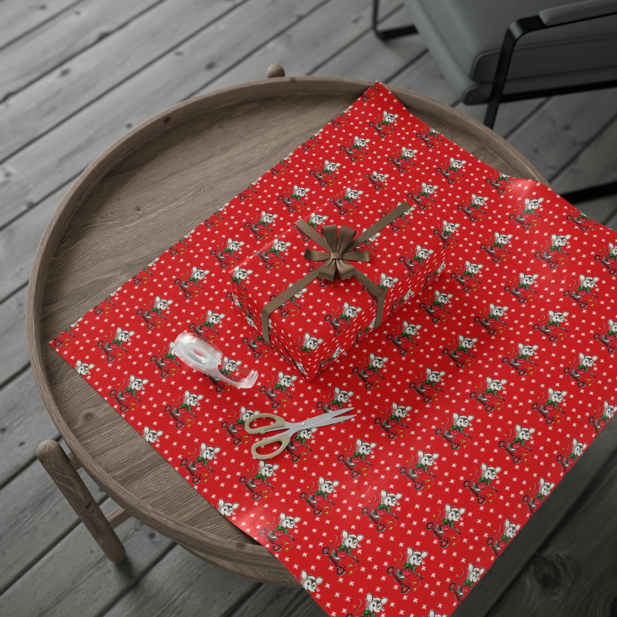 Christmas Mouse On Scooter Stars Red Mid Century Retro Christmas Print Holiday Gift Wrap Paper - Glossy Or Matte