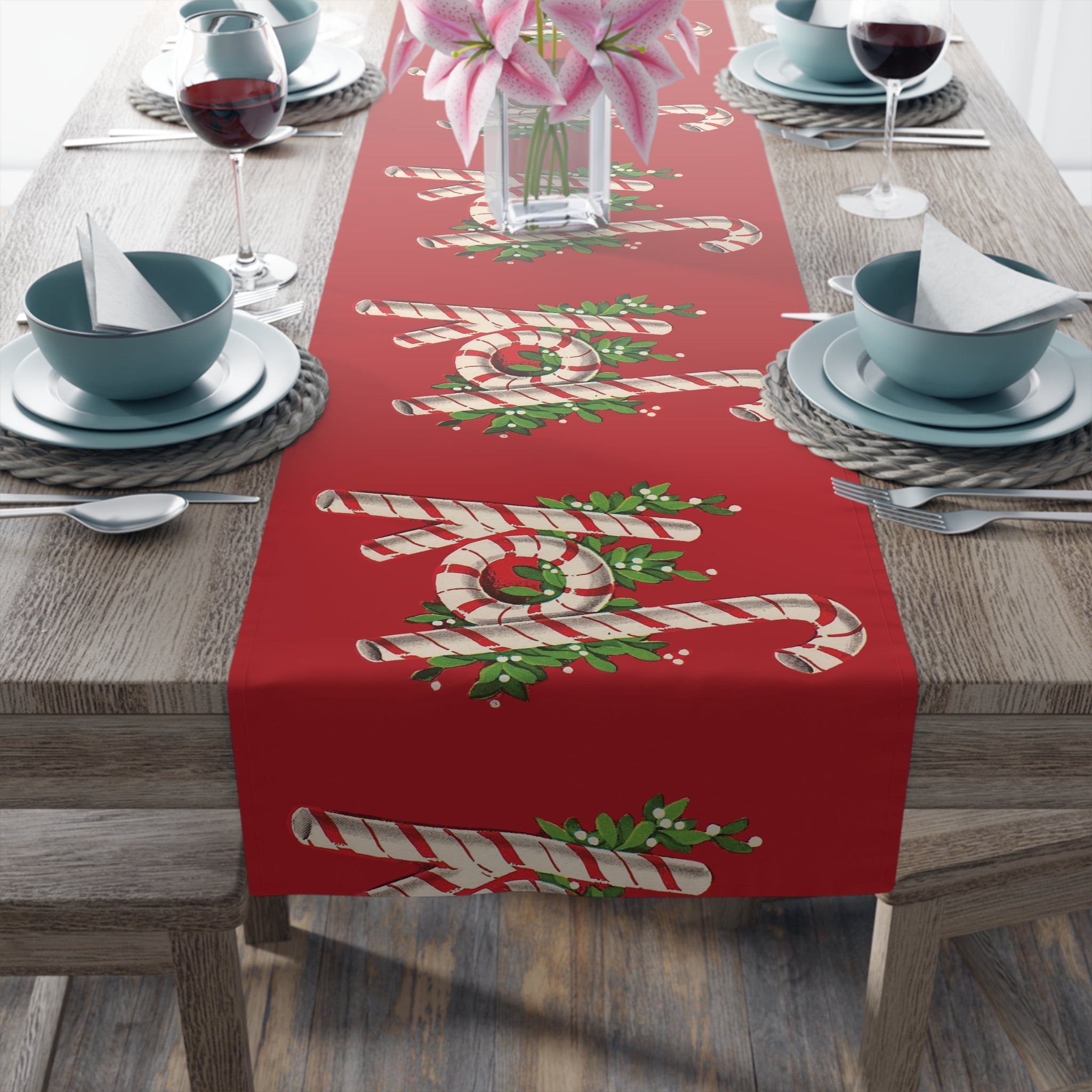 Joy Candy Canes Retro Christmas Table Runner Polyester Fabric Linen Cloth Unique Cozy Cute Midcentury Vintage Dining Kitchen Decor