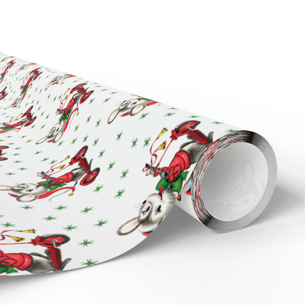 Christmas Mouse On Scooter Green Stars Mid Century Retro Christmas Print Holiday Gift Wrap Paper - Glossy Or Matte