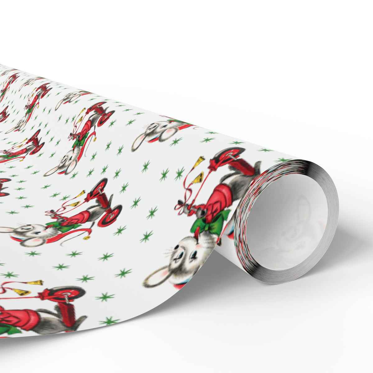 Christmas Mouse On Scooter Green Stars Mid Century Retro Christmas Print Holiday Gift Wrap Paper - Glossy Or Matte
