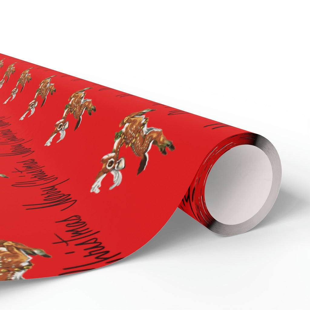 Merry Christmas Leaping Reindeer Red Mid Century Retro Christmas Print Holiday Gift Wrap Paper - Glossy Or Matte