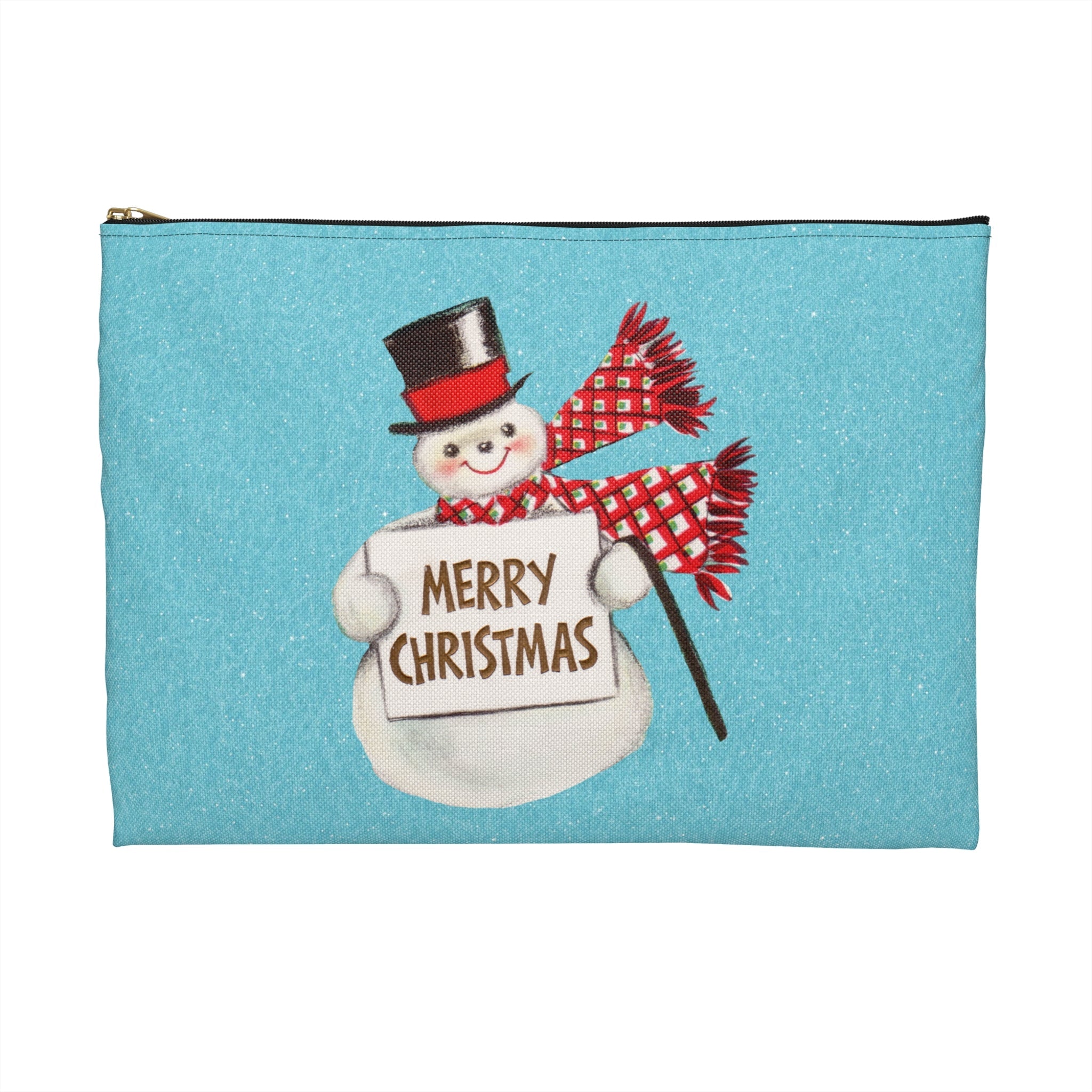 Merry Christmas Snowman Blue Mid Century Retro Christmas Print Polyester Accessory Pouch Travel Bag