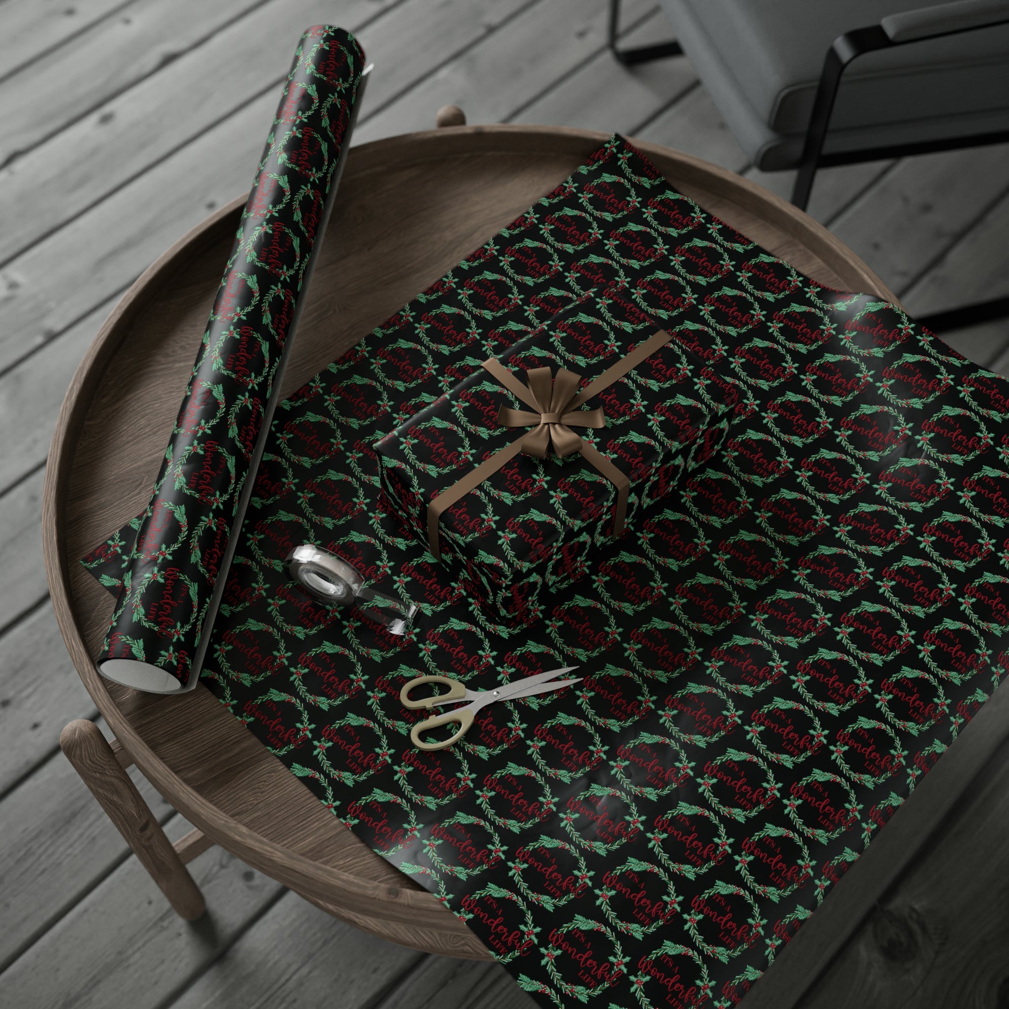 It's A Wonderful Life Christmas Wreath Black Retro Style Holiday Gift Wrap Paper - Glossy Or Matte