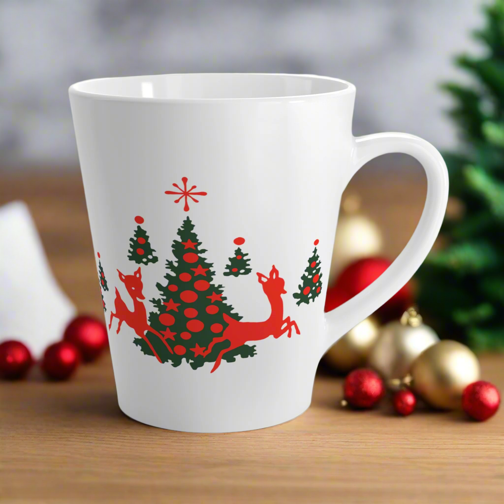 Red Reindeer Christmas Trees Mid Century Retro Latte Coffee Mug