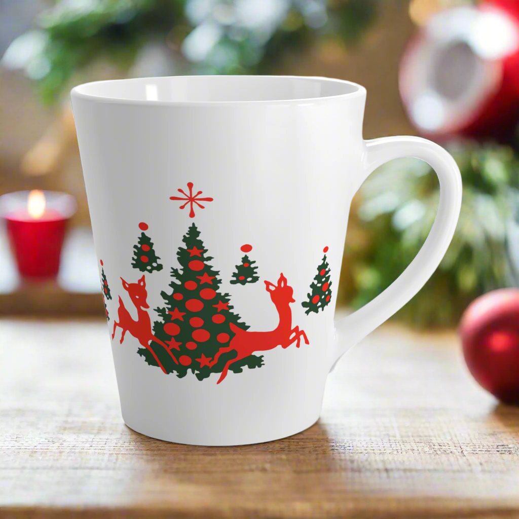 Red Reindeer Christmas Trees Mid Century Retro Latte Coffee Mug