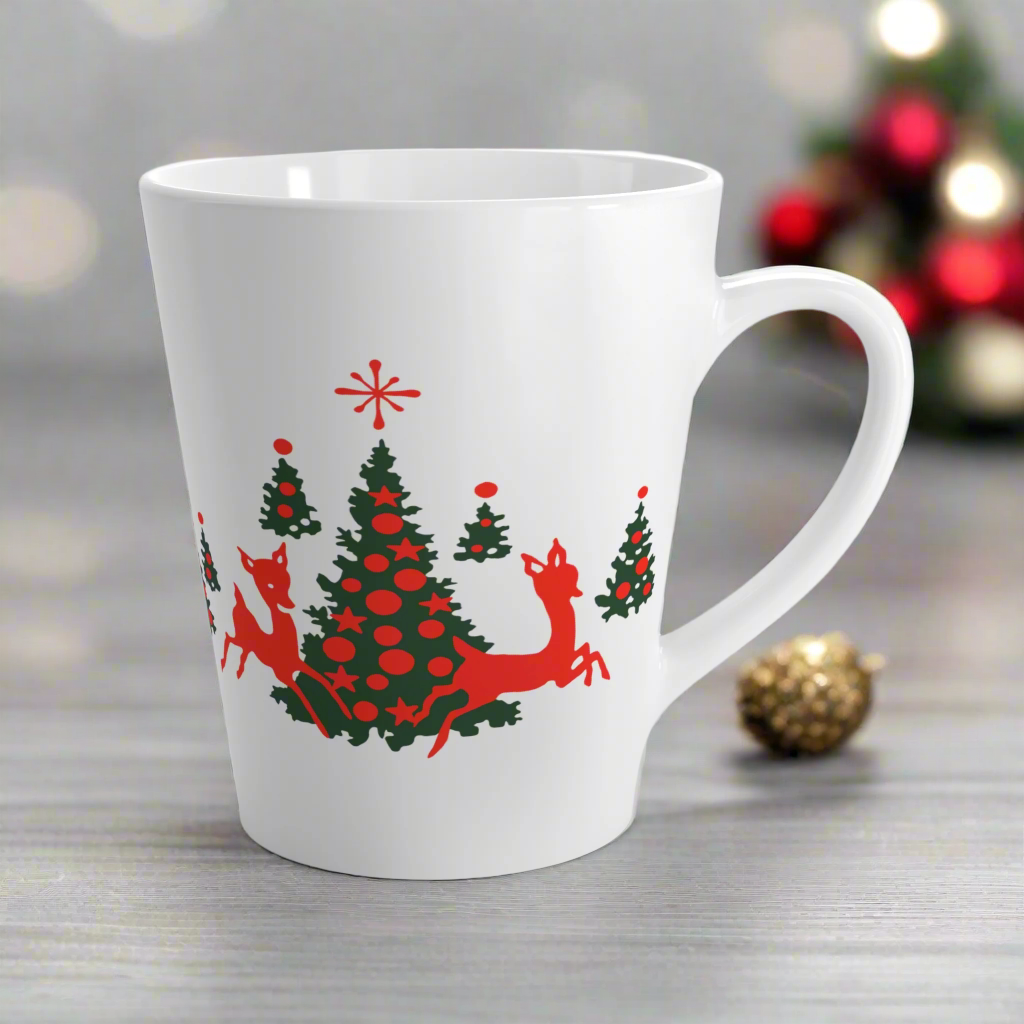 Red Reindeer Christmas Trees Mid Century Retro Latte Coffee Mug