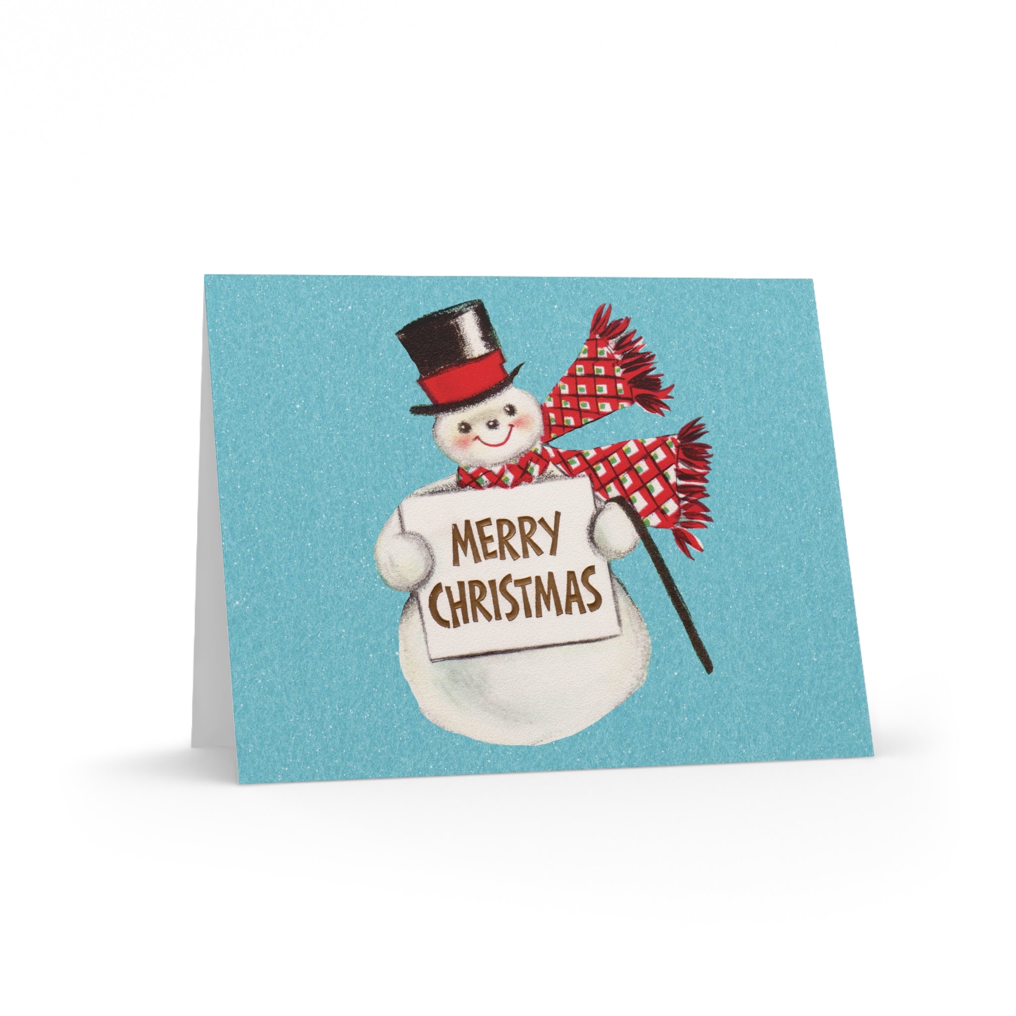 Merry Christmas Snowman Mid Century Retro Christmas Print Blue Matte Greeting Cards (8, 16, and 24 pcs)