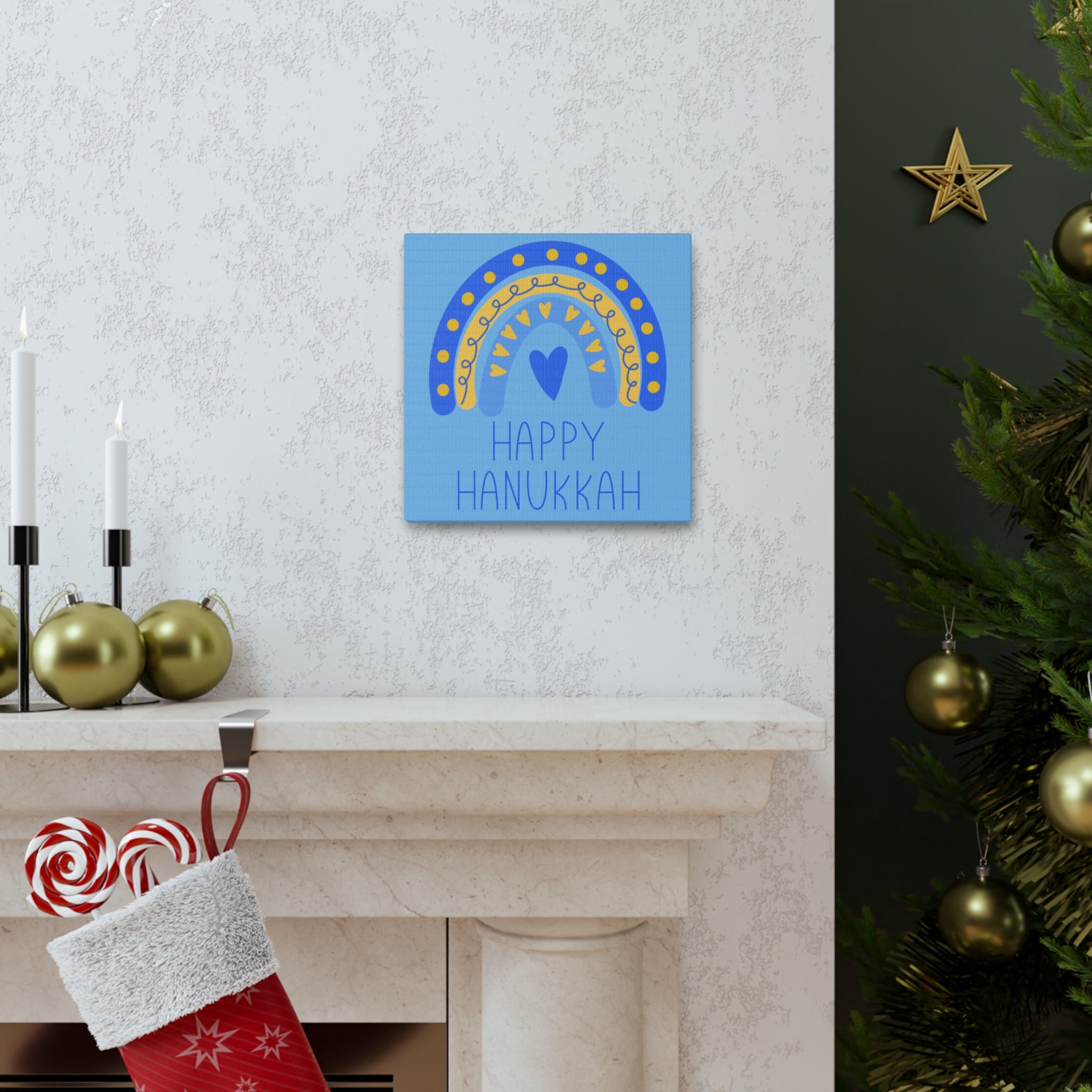 Happy Hanukkah Boho Rainbow Blue Canvas Gallery Wrap