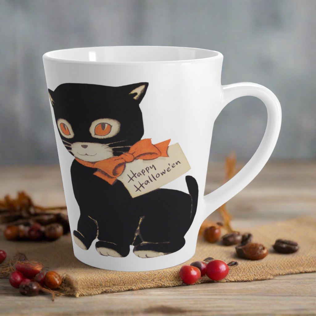 Happy Halloween Black Cat Retro Vintage Halloween Print Latte Coffee Mug
