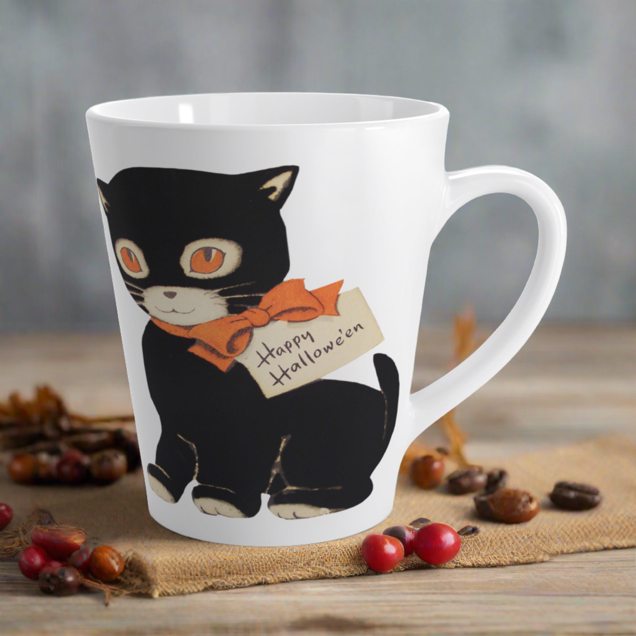 Happy Halloween Black Cat Retro Vintage Halloween Print Latte Coffee Mug