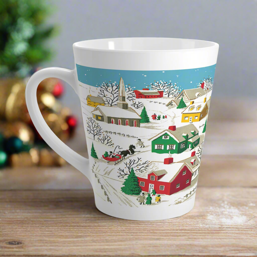 Christmas Village Town Mid Century Retro Christmas Print Latte Mug