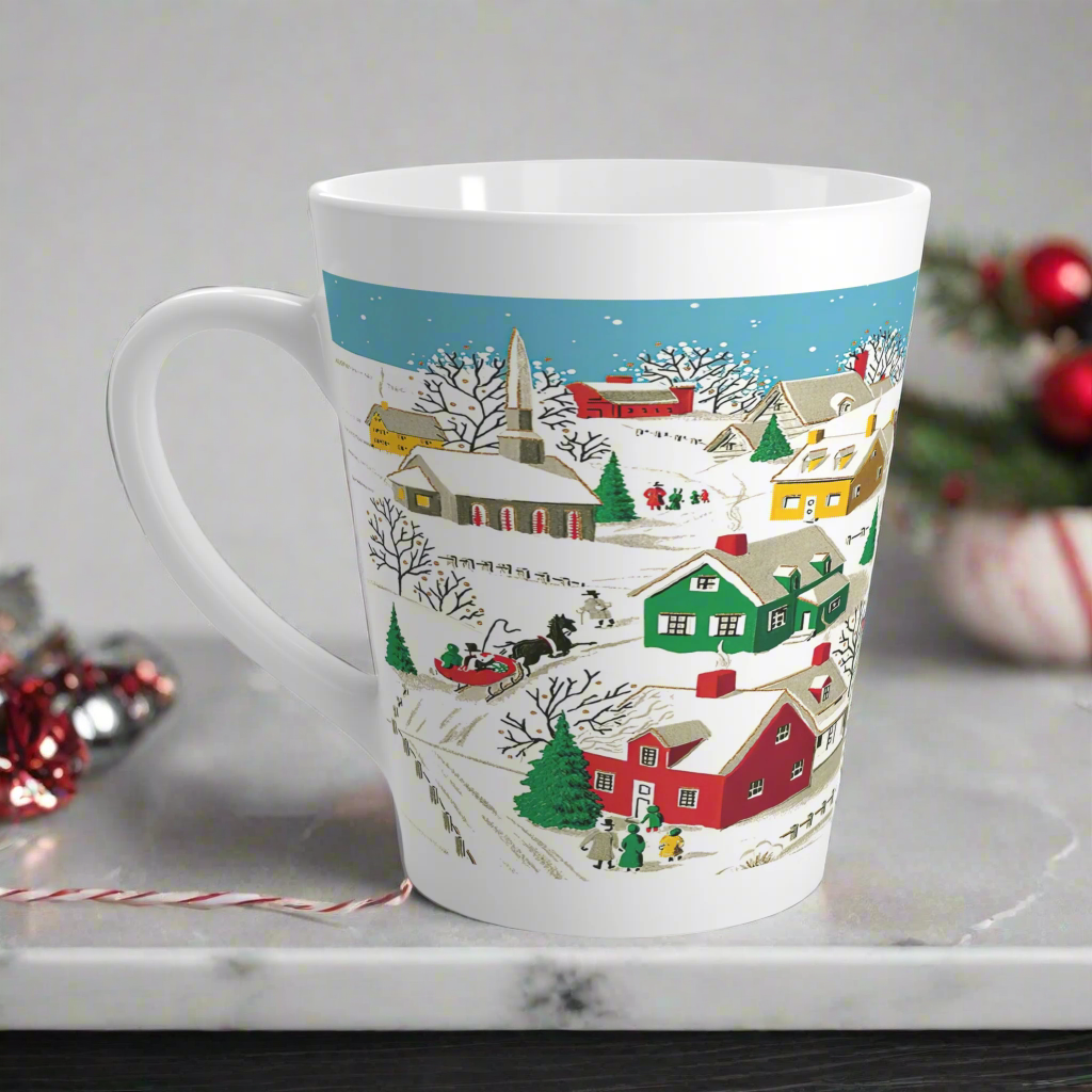 Christmas Village Town Mid Century Retro Christmas Print Latte Mug