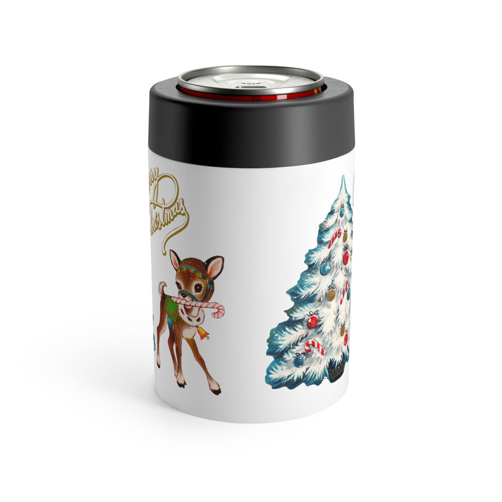 Merry Christmas Reindeer Tree Mid Century Retro Christmas Print Stainless Steel Can Holder