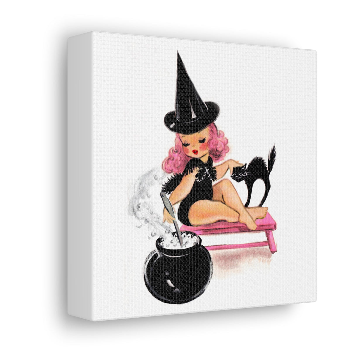 Pink Witch Black Cat Retro Halloween Decor Print Canvas Gallery Wrap