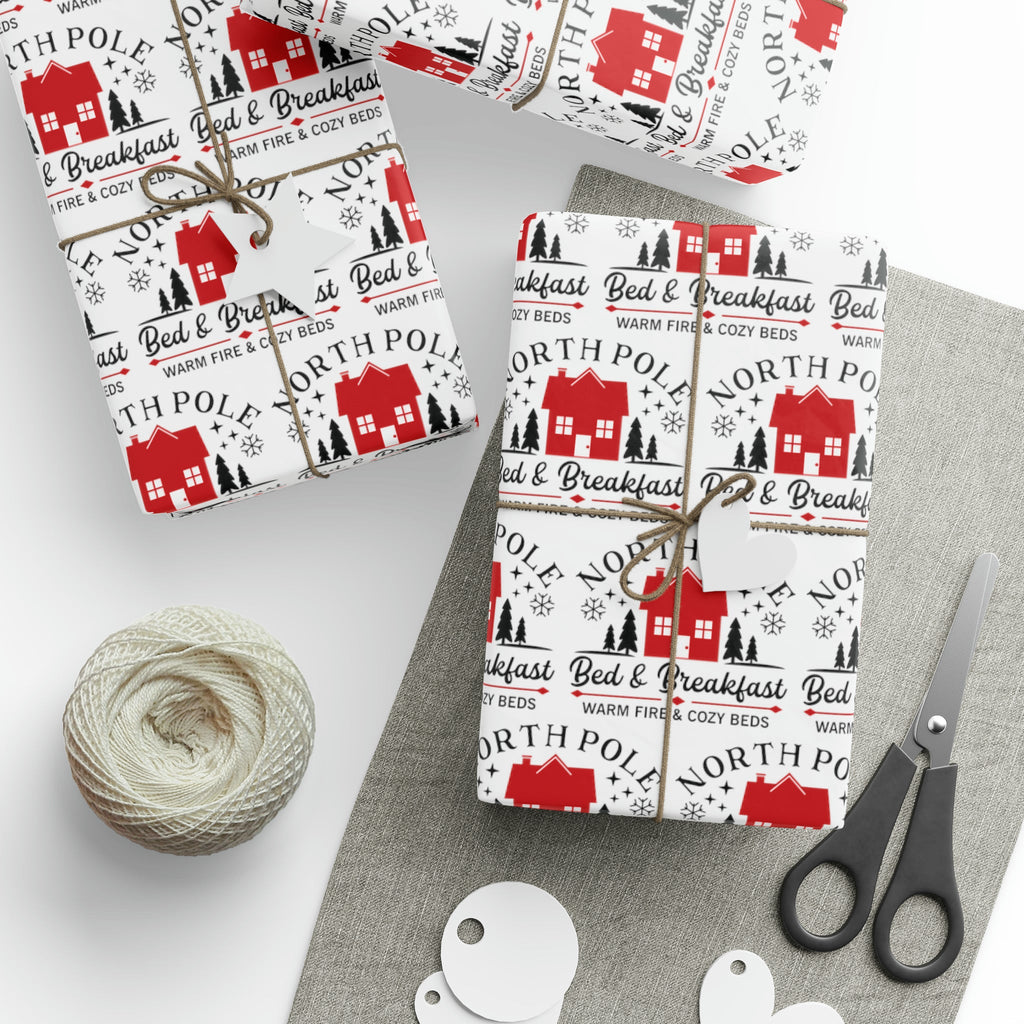 North Pole Bed And Breakfast Christmas Print Holiday Gift Wrap Paper - Glossy Or Matte
