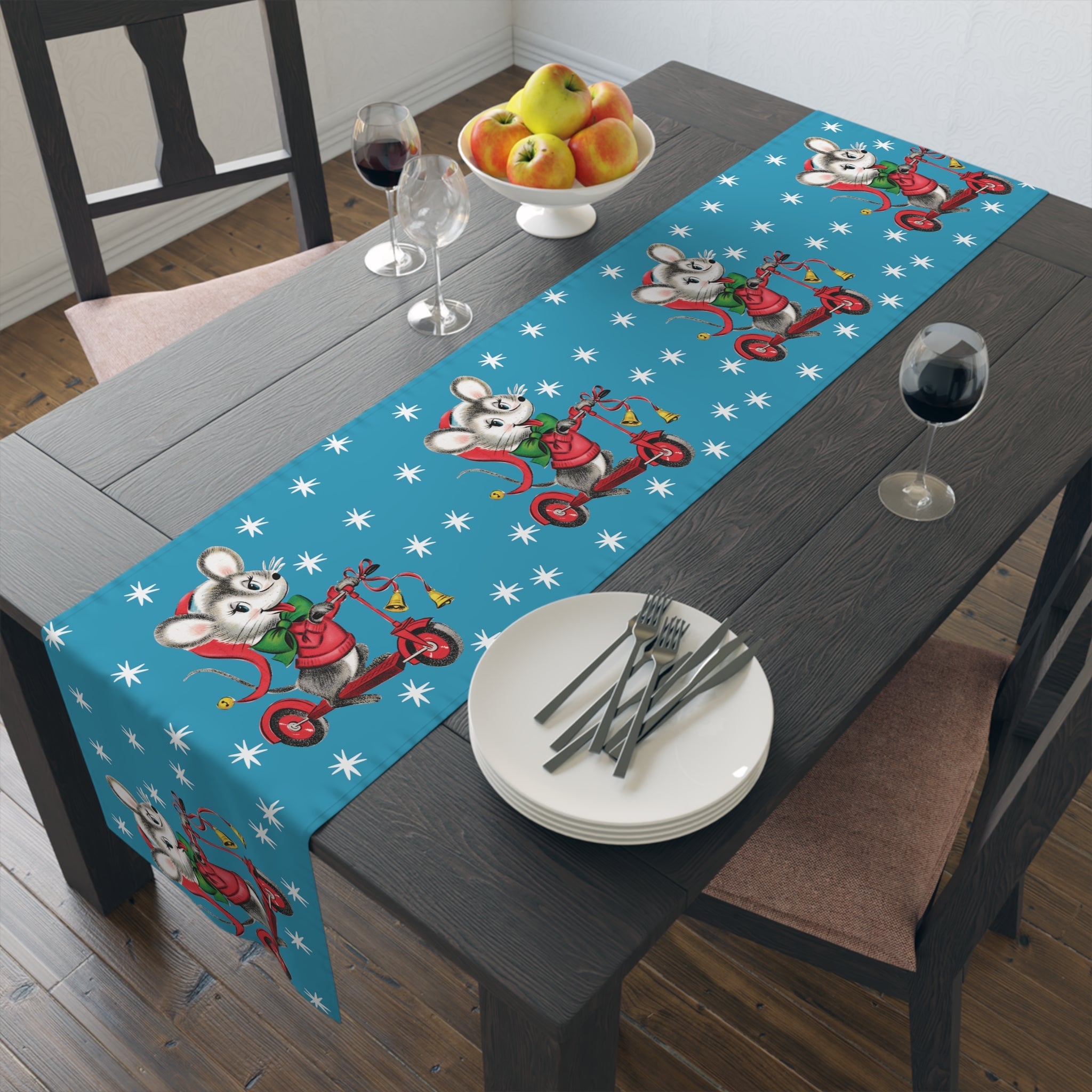 Christmas Mouse On Scooter Blue Mid Century Retro Christmas Print Home Decor Cotton Poly Table Runner