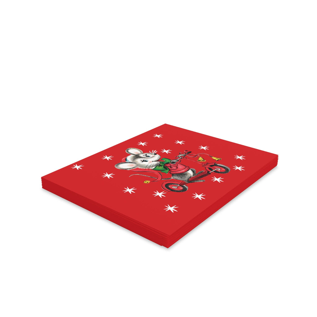 Christmas Mouse On Scooter Stars Mid Century Retro Christmas Print Red Matte Greeting Cards (8, 16, and 24 pcs)