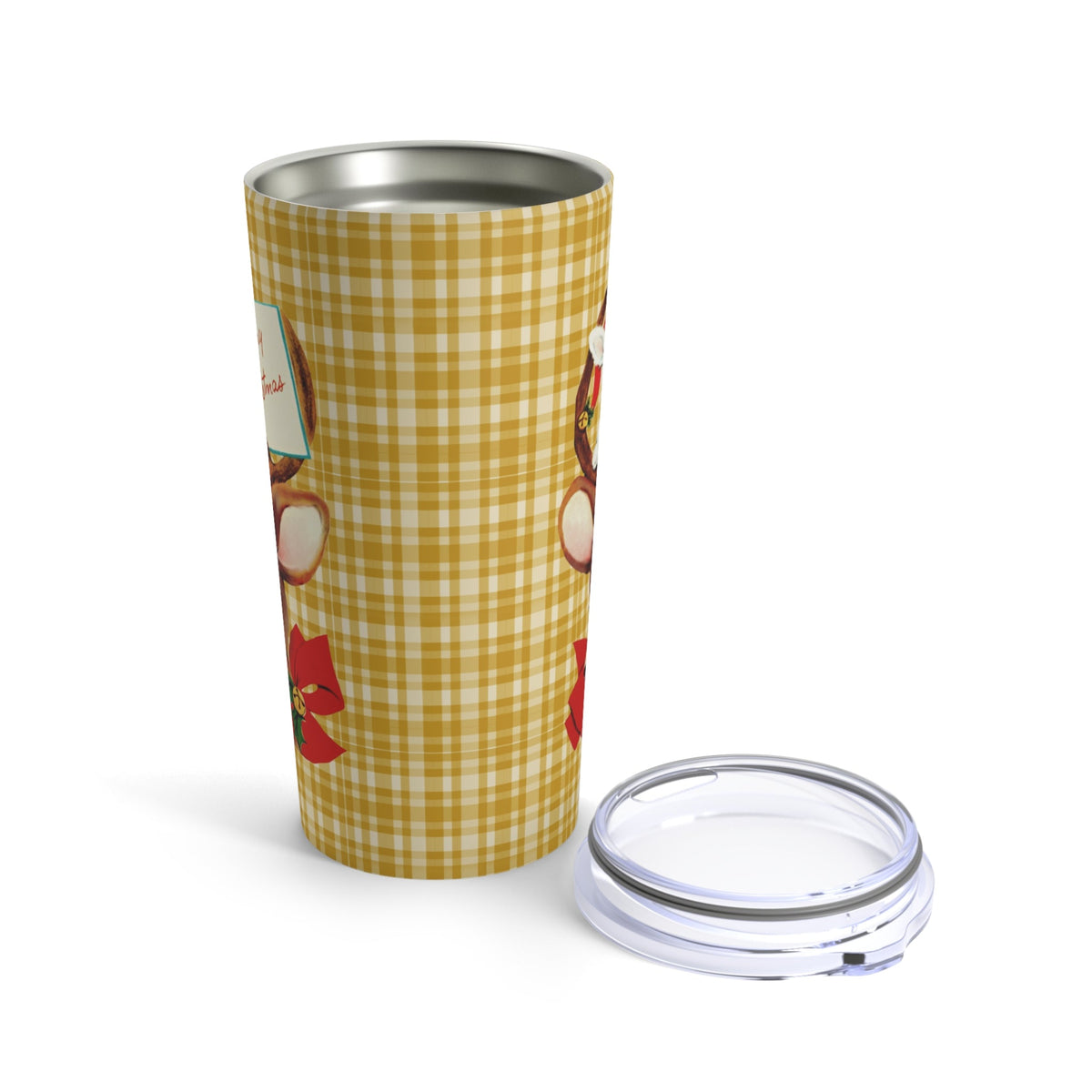 Merry Christmas Reindeer Bunny Yellow Plaid Retro Mid Century Christmas Style Stainless Steel Tumbler 20oz