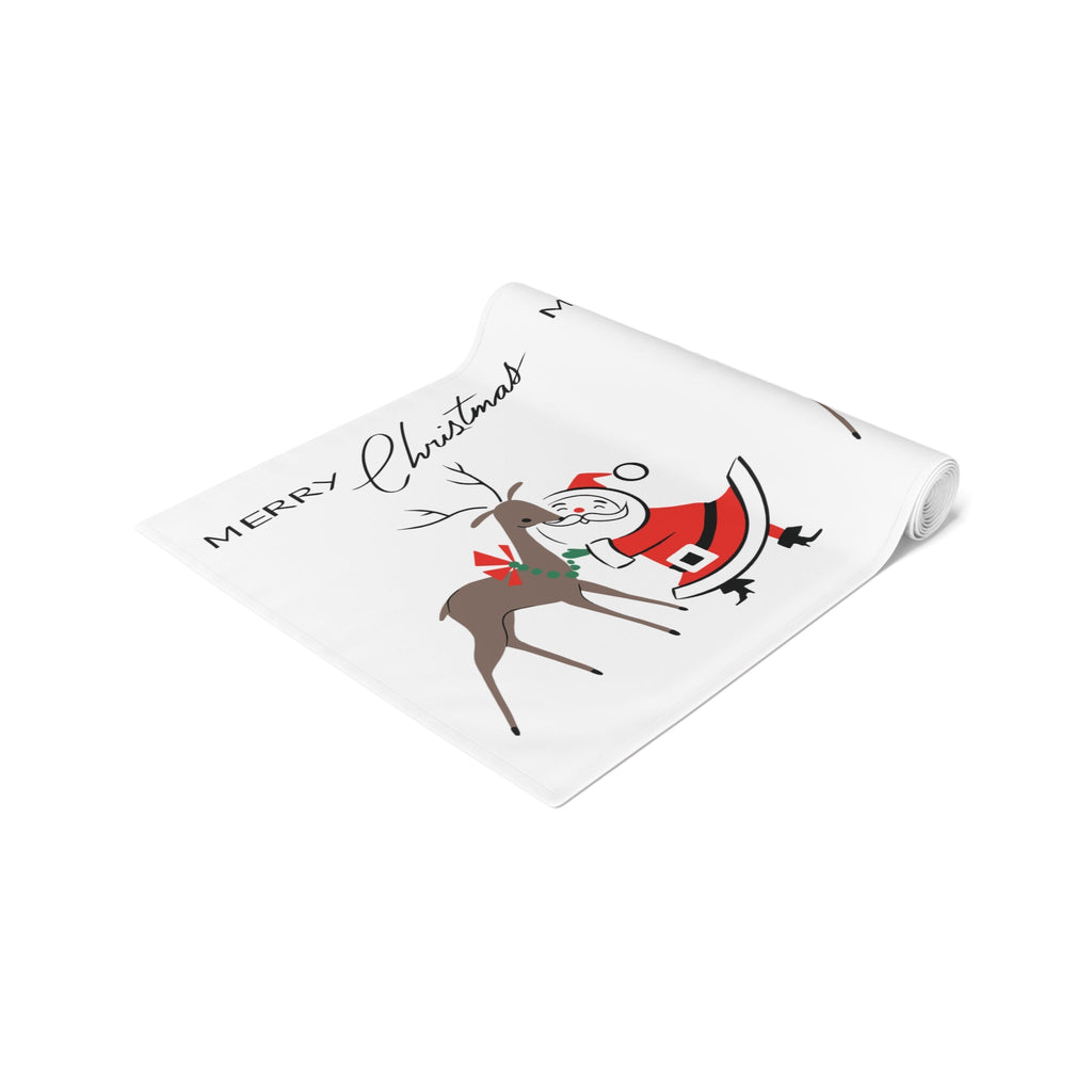Merry Christmas Santa With Reindeer Mid Century Retro Style Christmas Decor Red Cotton Poly Table Runner
