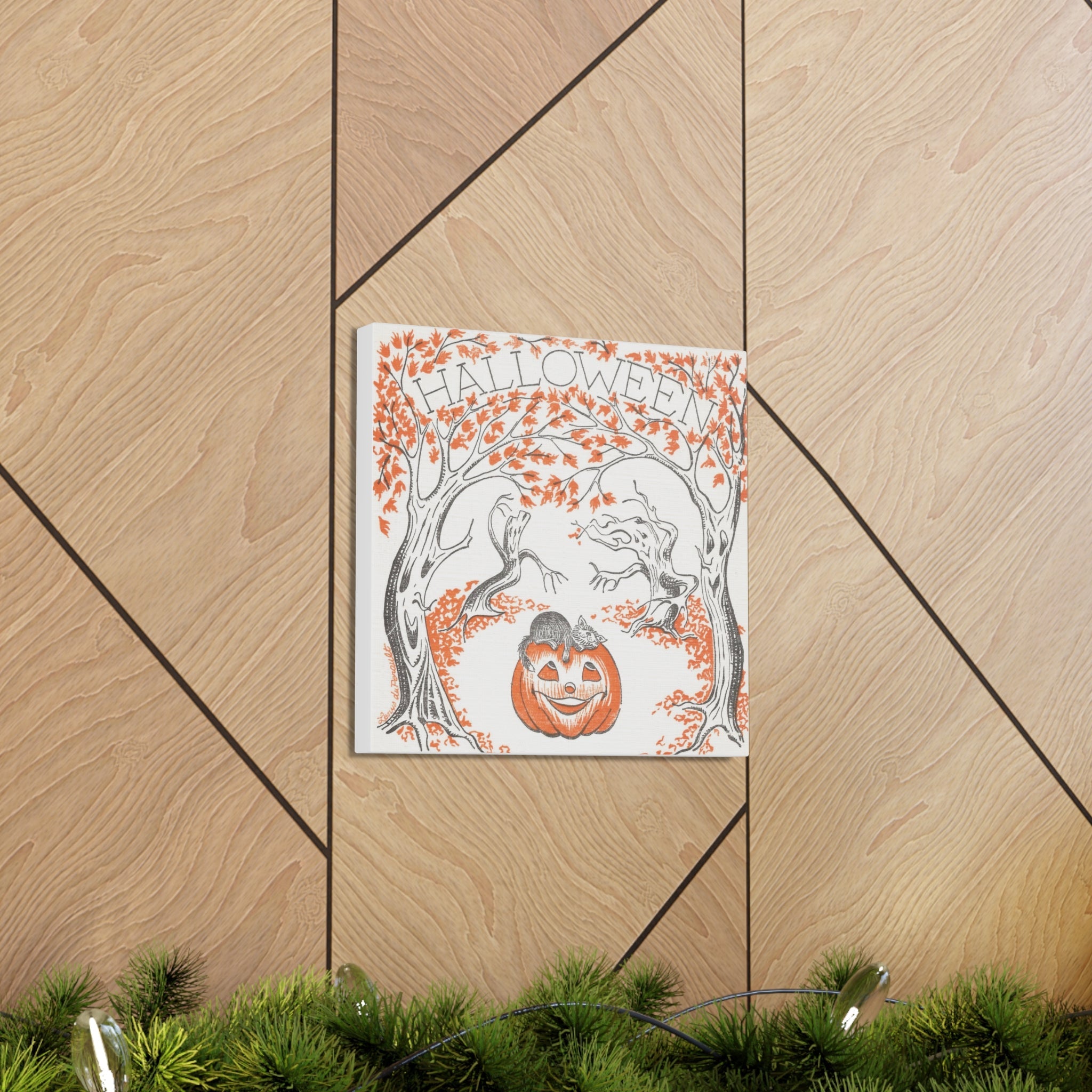 Halloween Trees Black Cat Jack O Lantern Retro Halloween Decor Print Canvas Gallery Wrap