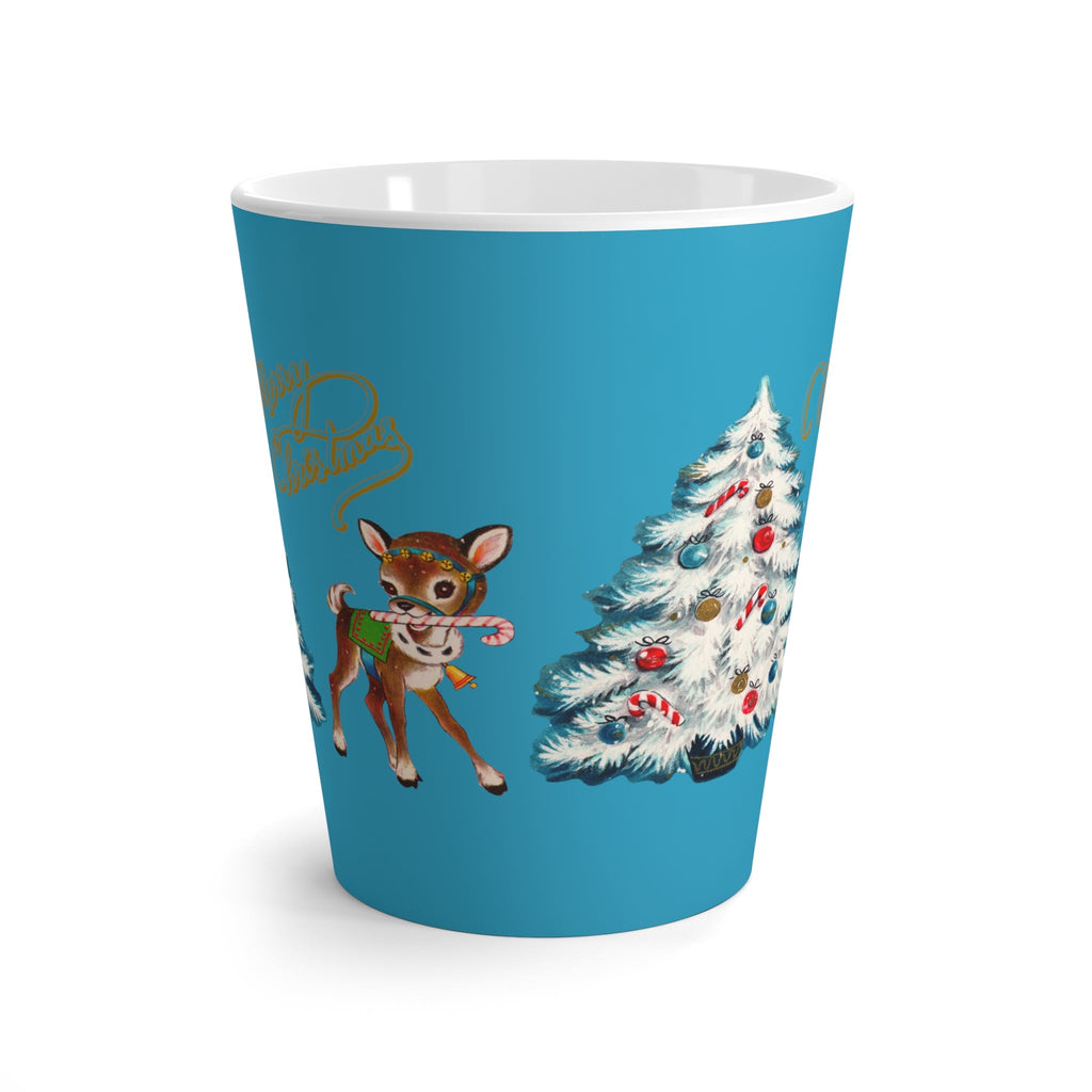 Merry Christmas Reindeer Tree Blue Mid Century Retro Christmas Print Latte Coffee Mug