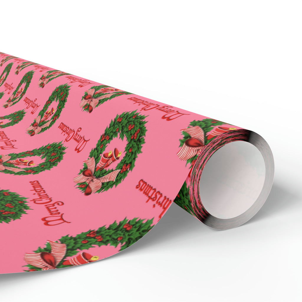 Merry Christmas Wreath Pink Retro Christmas Print Holiday Gift Wrap Paper - Glossy Or Matte