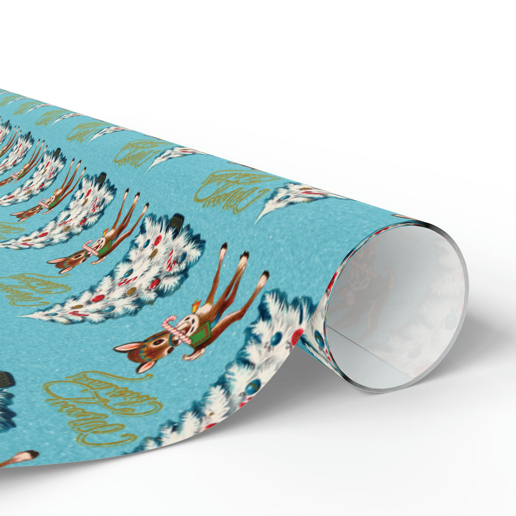 Merry Christmas Reindeer With Candy Cane Tree Blue Mid Century Retro Christmas Print Holiday Gift Wrap Paper - Glossy Or Matte