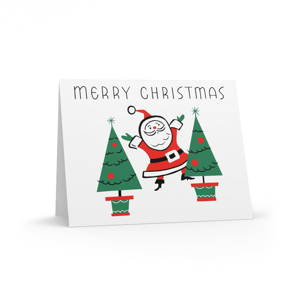 Merry Christmas Santa Trees Mid Century Retro Christmas Print Matte Greeting Cards (8, 16, and 24 pcs)