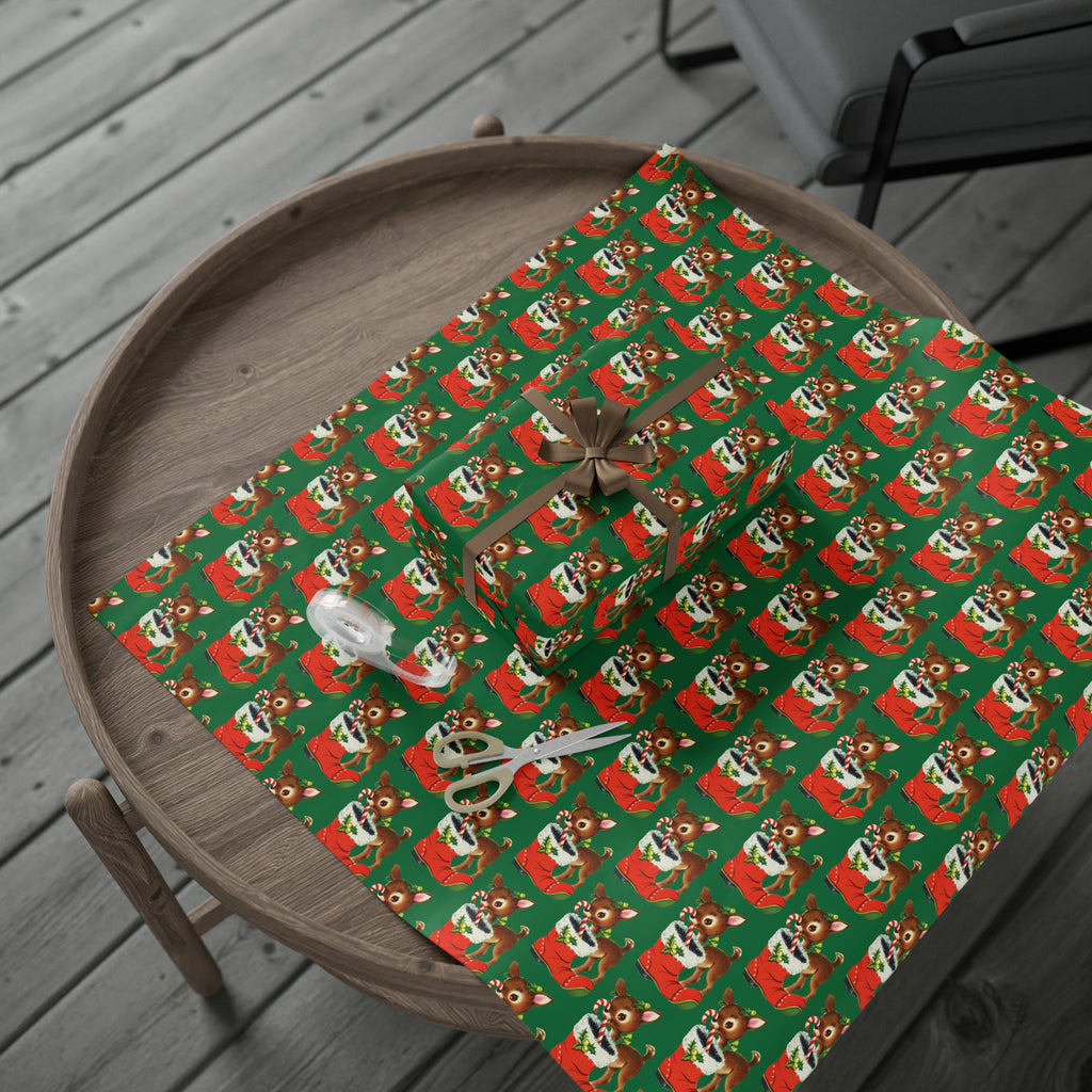 Reindeer With Stocking Mid Century Retro Christmas Print Holiday Gift Wrap Paper - Glossy Or Matte