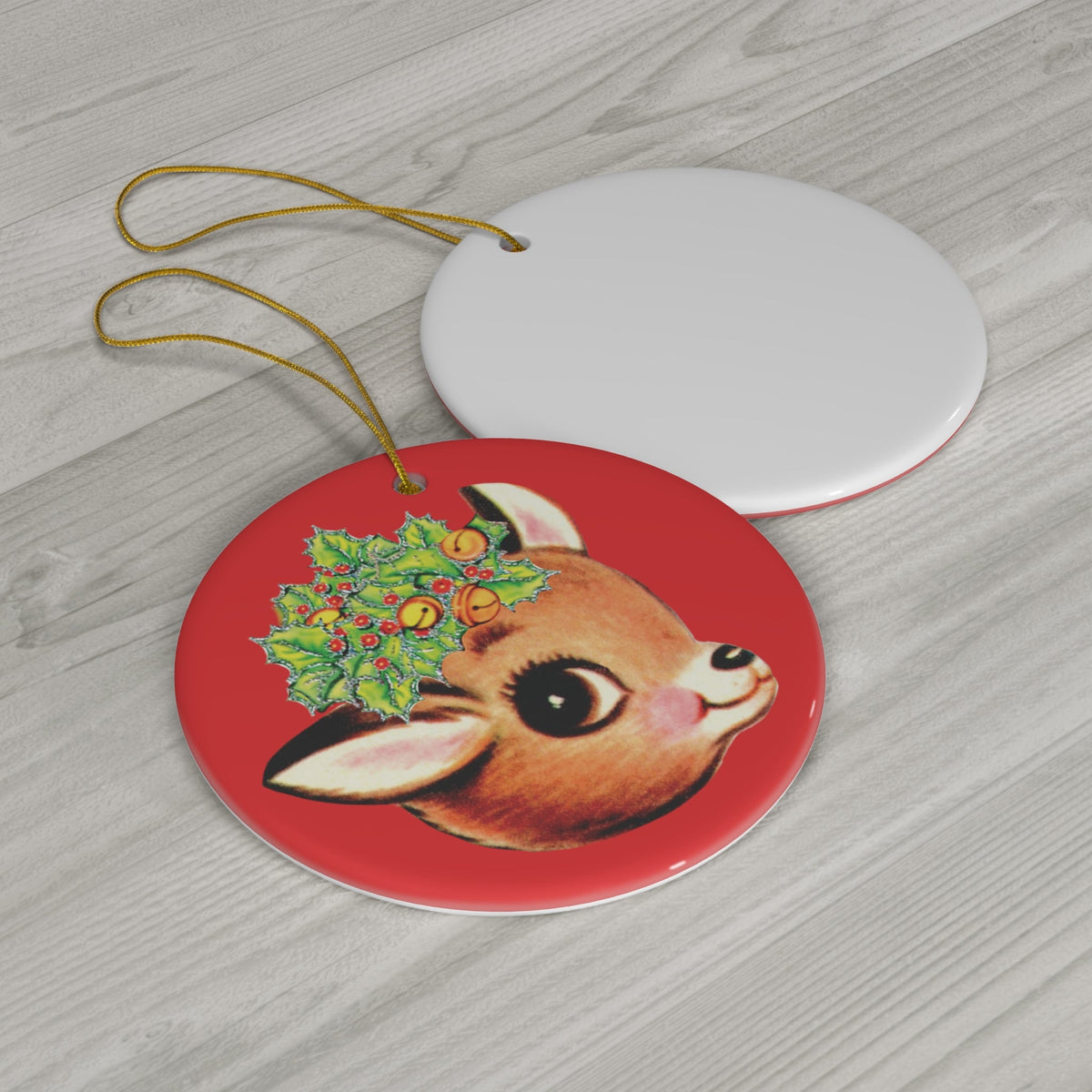 Reindeer Holly Bells Mid Century Retro Christmas Print Ceramic Ornament
