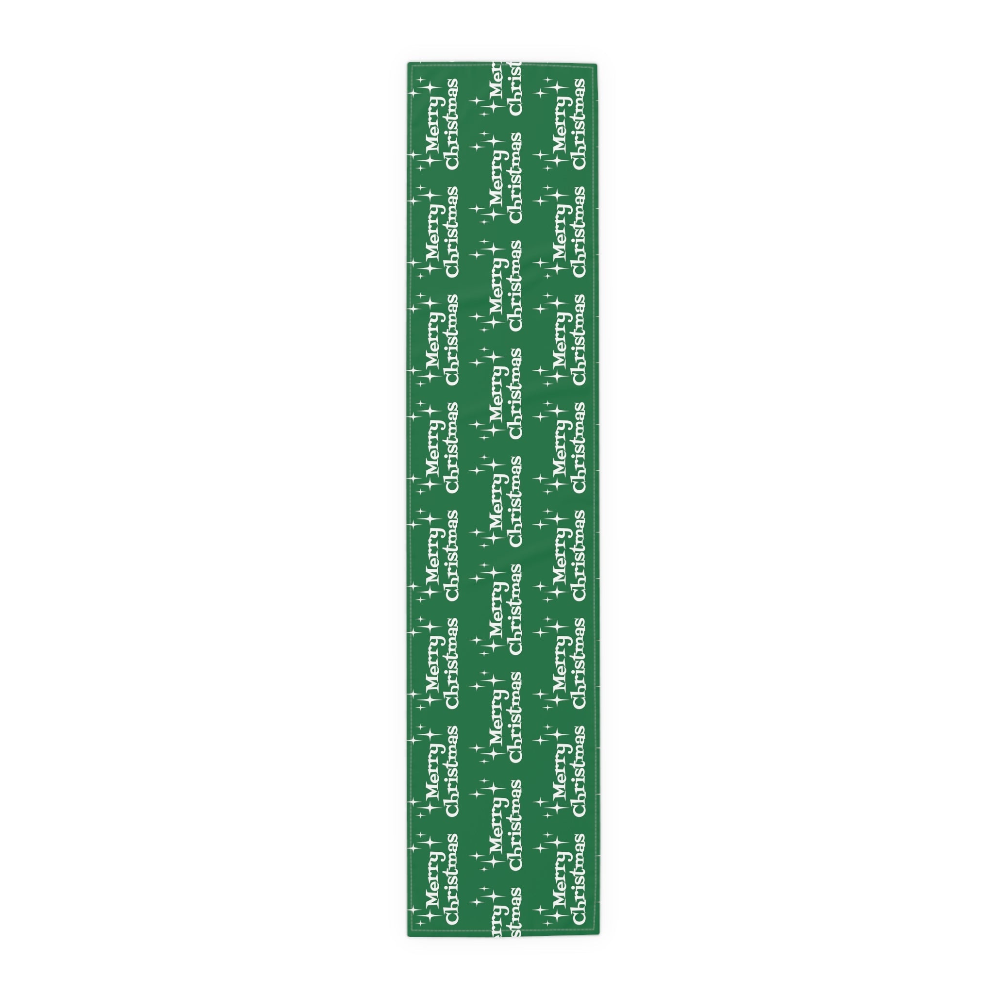 Merry Christmas Starburst Atomic Mid Century Retro Style Christmas Decor Green Cotton Poly Table Runner