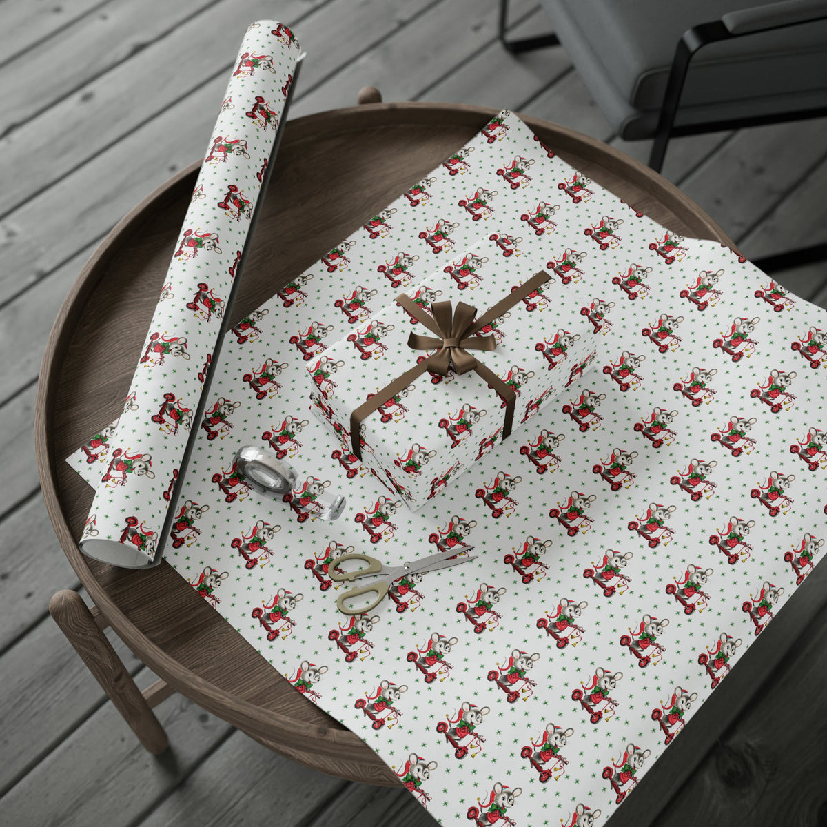 Christmas Mouse On Scooter Green Stars Mid Century Retro Christmas Print Holiday Gift Wrap Paper - Glossy Or Matte
